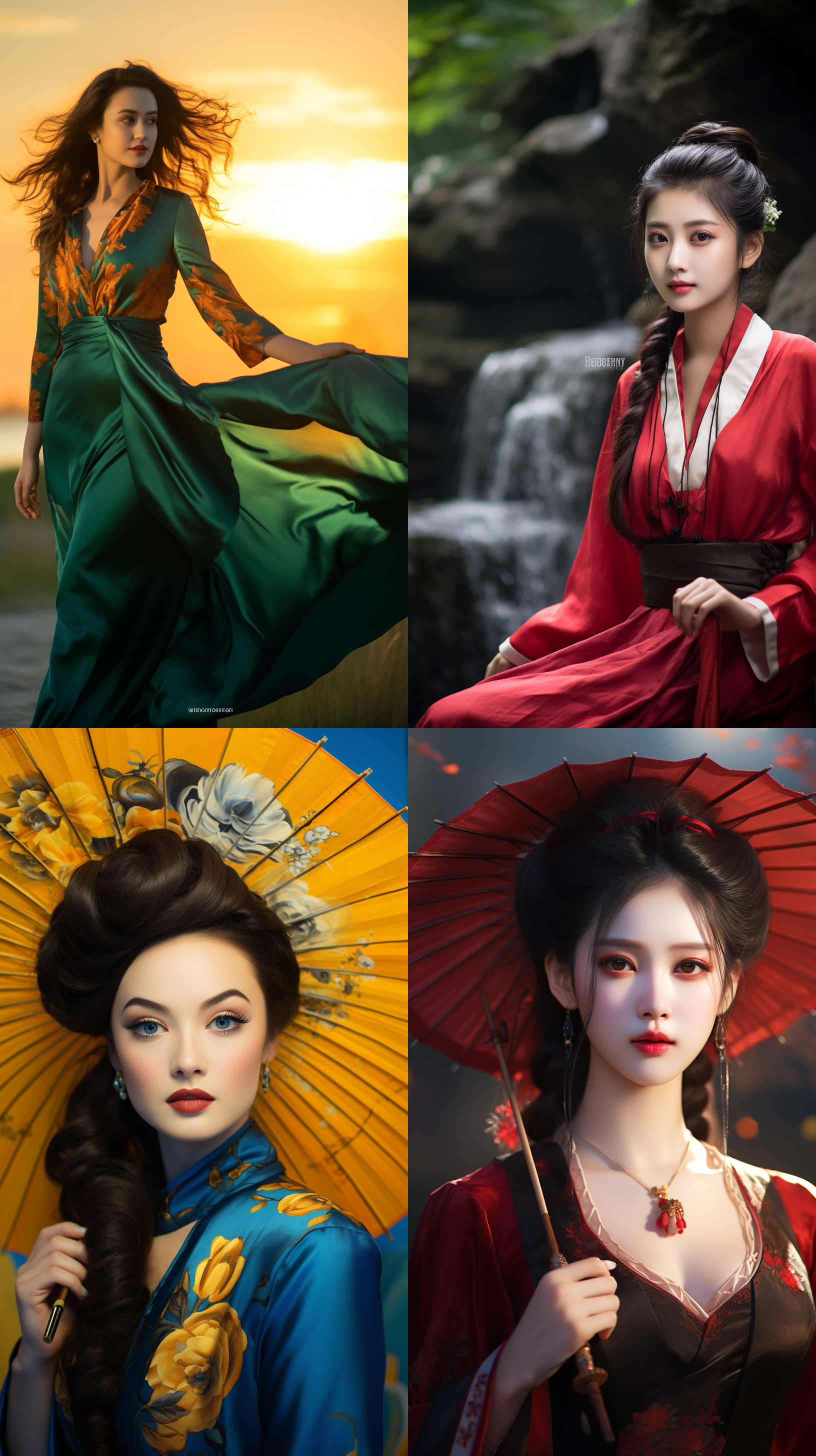室外拍摄，明亮色调，中国模特穿着古典服装，侧面肖像，柔和光线，中焦镜头，端庄表情，优雅动作，传统元素，油画效果，温暖情感