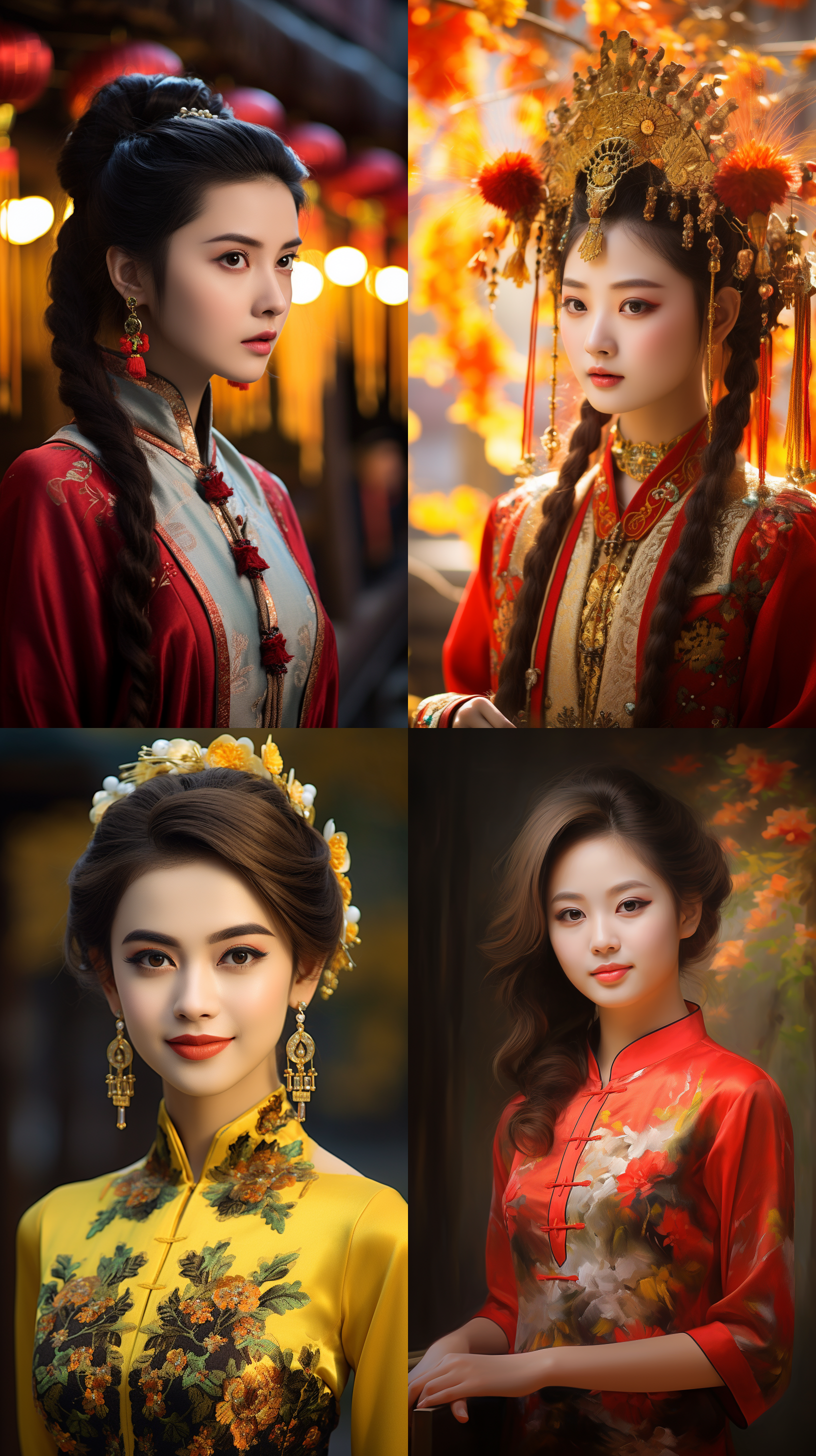 室外拍摄，明亮色调，中国模特穿着古典服装，侧面肖像，柔和光线，中焦镜头，端庄表情，优雅动作，传统元素，油画效果，温暖情感
