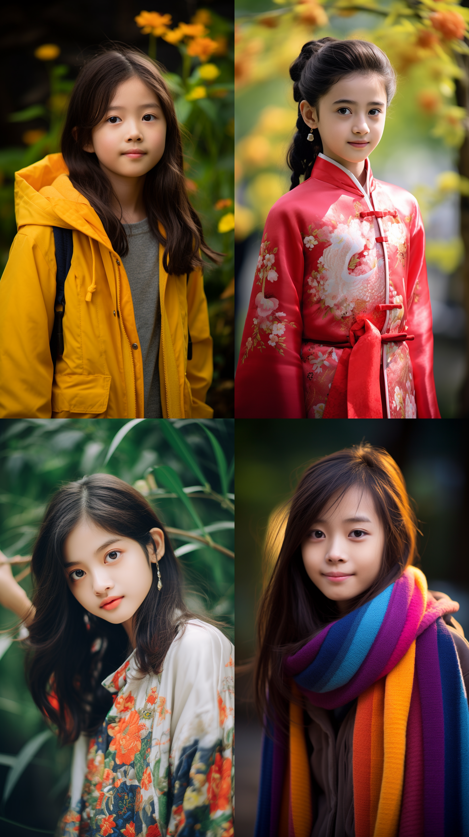 12岁中国女孩，肖像镜头，明亮光线，花园里，明亮色调，自然风，微笑，活泼，纯真。