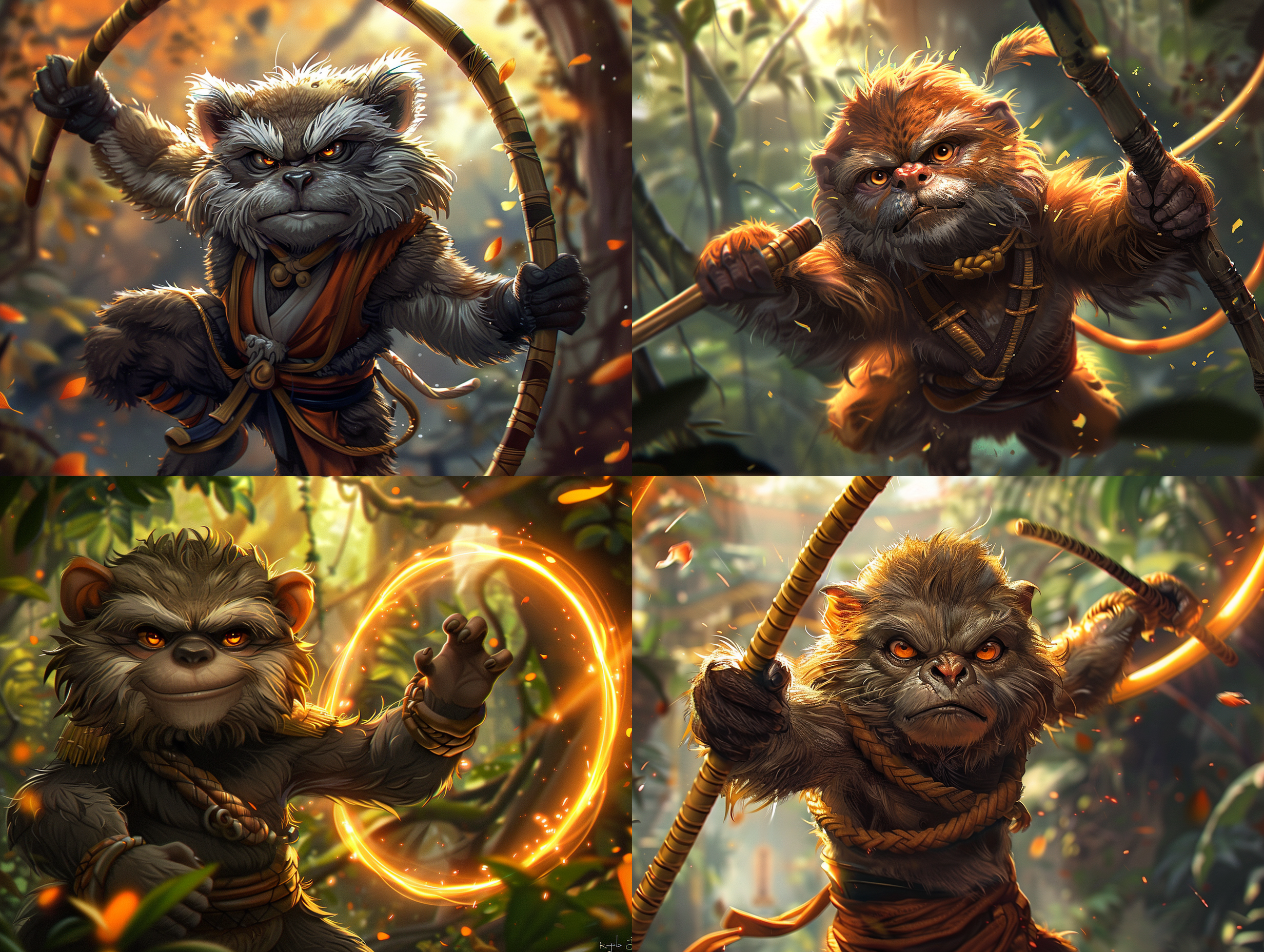 俏皮猴子，金箍杖，树枝上平衡，异国情调，茂密丛林，温暖潮湿，动态构图，生命感，能量，活力，生动，3d。