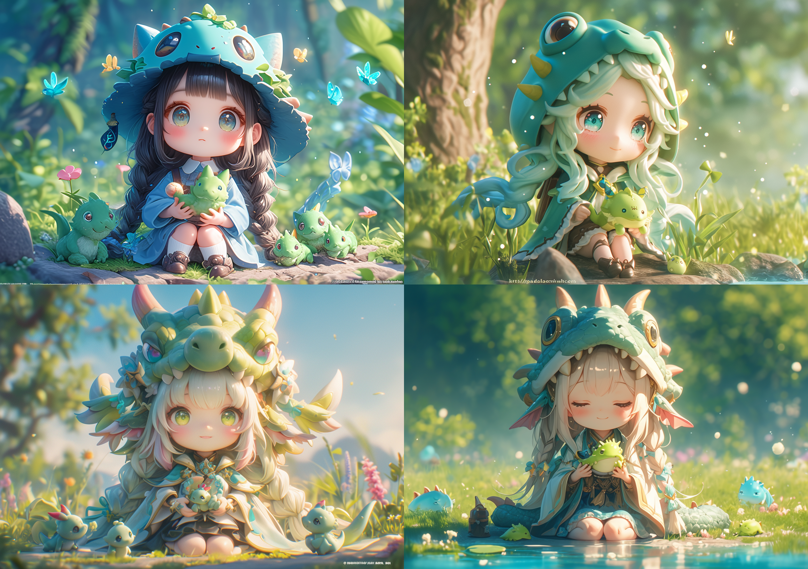cute anime-style girl with a dragon-shaped hat, holding tiny green dragons in her hands, sitting on the ground surrounded by nature with pastel colors. the figure has a nendoroid style with a blurred background. it has a 3d cartoon character design with detailed facial features and eyes. the image is high resolution with clear focus and natural lighting. it uses a vibrant color palette with white space around the characters. the photography appears to be professional studio quality.,,in clothes