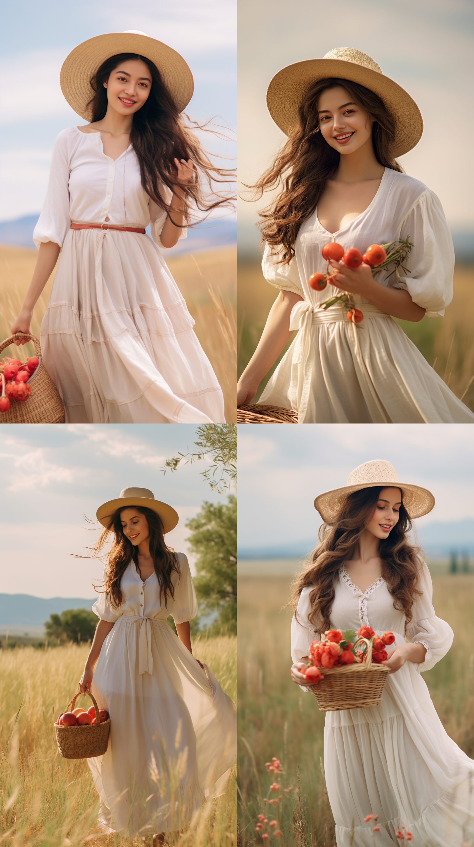 美女在大草原，穿着白色纱裙，戴着花篮帽，自然光线，柔和色调，环境肖像，中景构图，微笑，自然动作，风吹动长发，温暖情感。手里拿着一颗红色的大水蜜桃，水蜜桃红润水灵灵。 草原风光，肖像摄影，自然光，柔焦，中景，微笑，自然动作，长发飘逸，水蜜桃色调，温暖情感。红唇。阳光明媚。皮肤细腻，皮肤光洁白净红润。暖色色调。