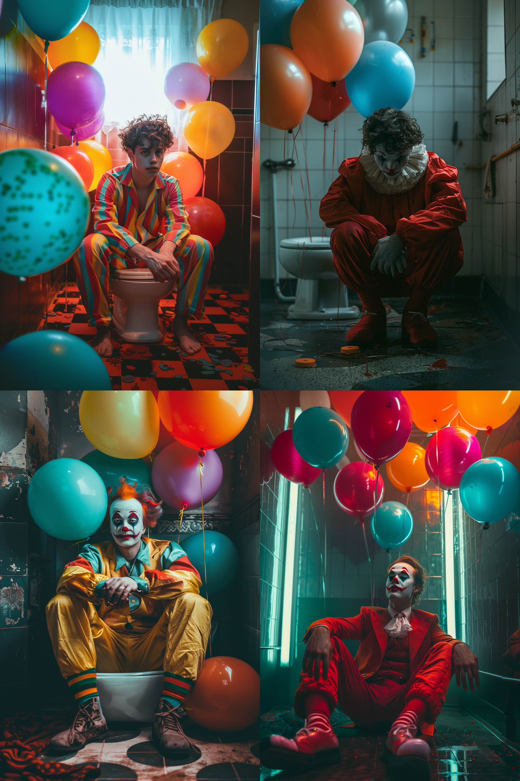 一个帅气的年轻演员小丑，在很大的浴室房间里，坐在地上双手抱着智能马桶趴在上面，周围有几个五颜六色的气球装饰，整体氛围和谐温馨有情调，纯黑背景，柔和像素，8k超清 极简主义 摄影纪实 oc渲染器 未来主义 干净背景 卧室 极限特写 虚化 超广角 金属漆 氛围感照明 电影灯光 镜头光晕 斑驳光线 丁达尔效应 暖光 蒂默曼斯 北欧室内 华丽室内 平面摄影 约翰逊