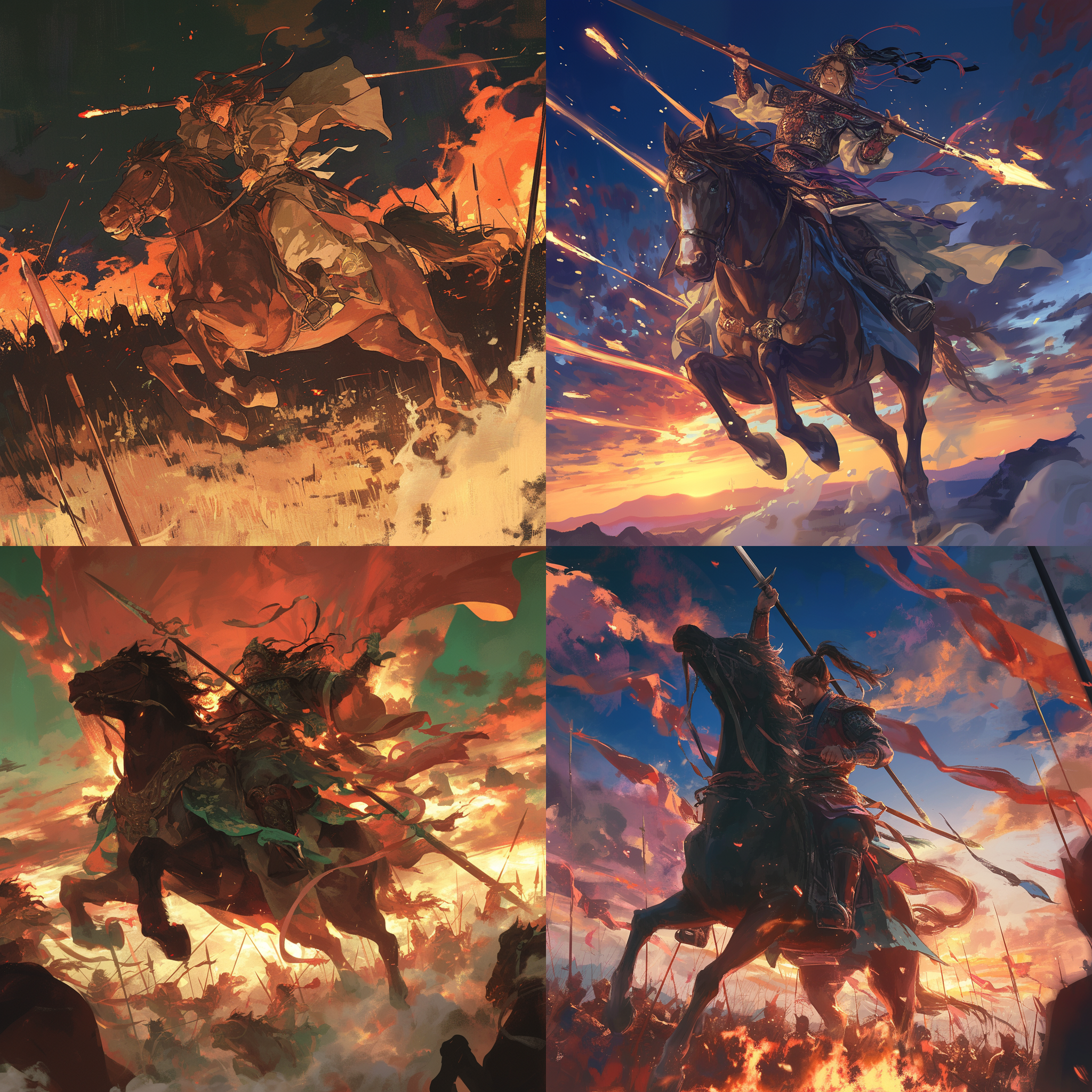 少年将军骑马冲锋在前，火箭声响，天空照亮。他回忆往日河山，宝剑悬于偏室，偷听弦歌。梦醒了，仍在战场。握紧长枪，义无反顾向前冲去。饮马阑珊，刀与火，青锋映山河。离索处，轻鸣弦歌，吾安处。对角线布局，中国风，夜景，高对比度，快速快门，侧光，动作，勇敢，忧郁，战斗。