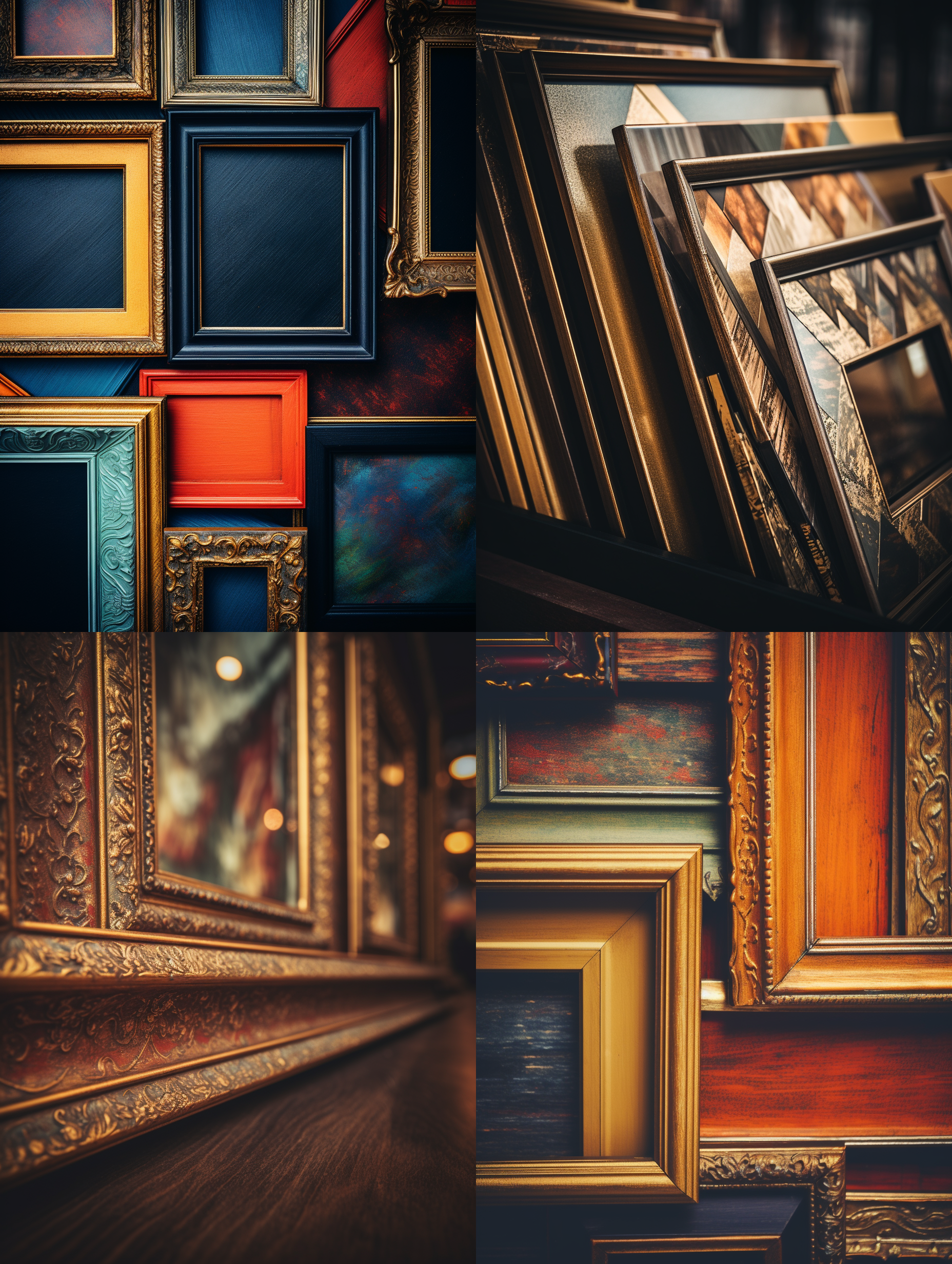 画框创意素材，复古风格，木质画框，艺术品展示，室内拍摄，暖色调，细节特写，侧光，静态，传统装饰，温暖情感。