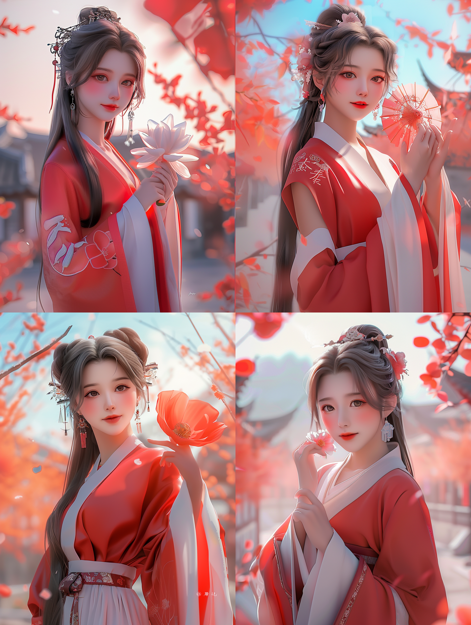 美女站在花朵上，全景，大光圈，面部细节完美描述，人物细节精致，潮流时尚服装，潮流人像，明亮的色彩，干净的背景，3d卡通风格渲染，全景，大光圈，pop mart制作，细腻的光泽，8k渐变半透明玻璃熔体，磨砂玻璃，牛仔热