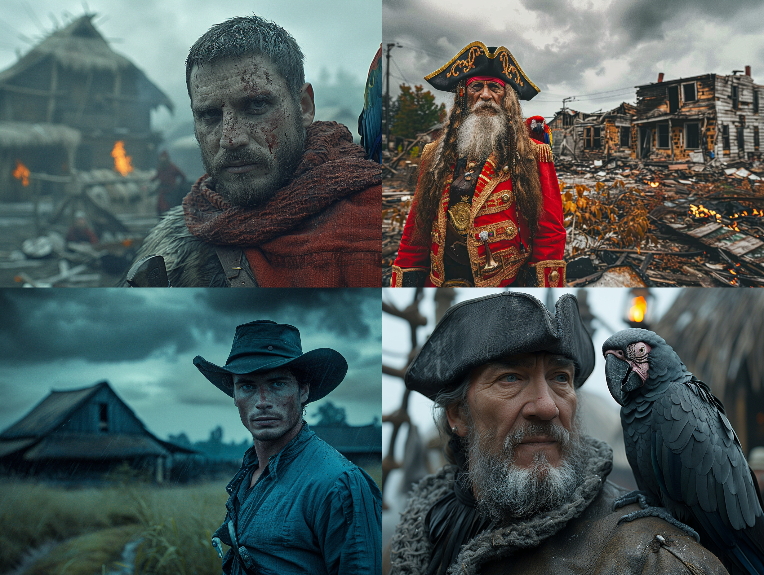 fierce pirate, plundered village, menacing expression, standing in the ruins of burned houses, under a stormy sky filled with dark clouds, with a sword in hand and a parrot on the shoulder, captured with a canon eos 5d mark iv camera, 85mm lens, dramatic composition focusing on the pirate’s face, showcasing their ruthless nature, in a style reminiscent of classic pirate paintings.