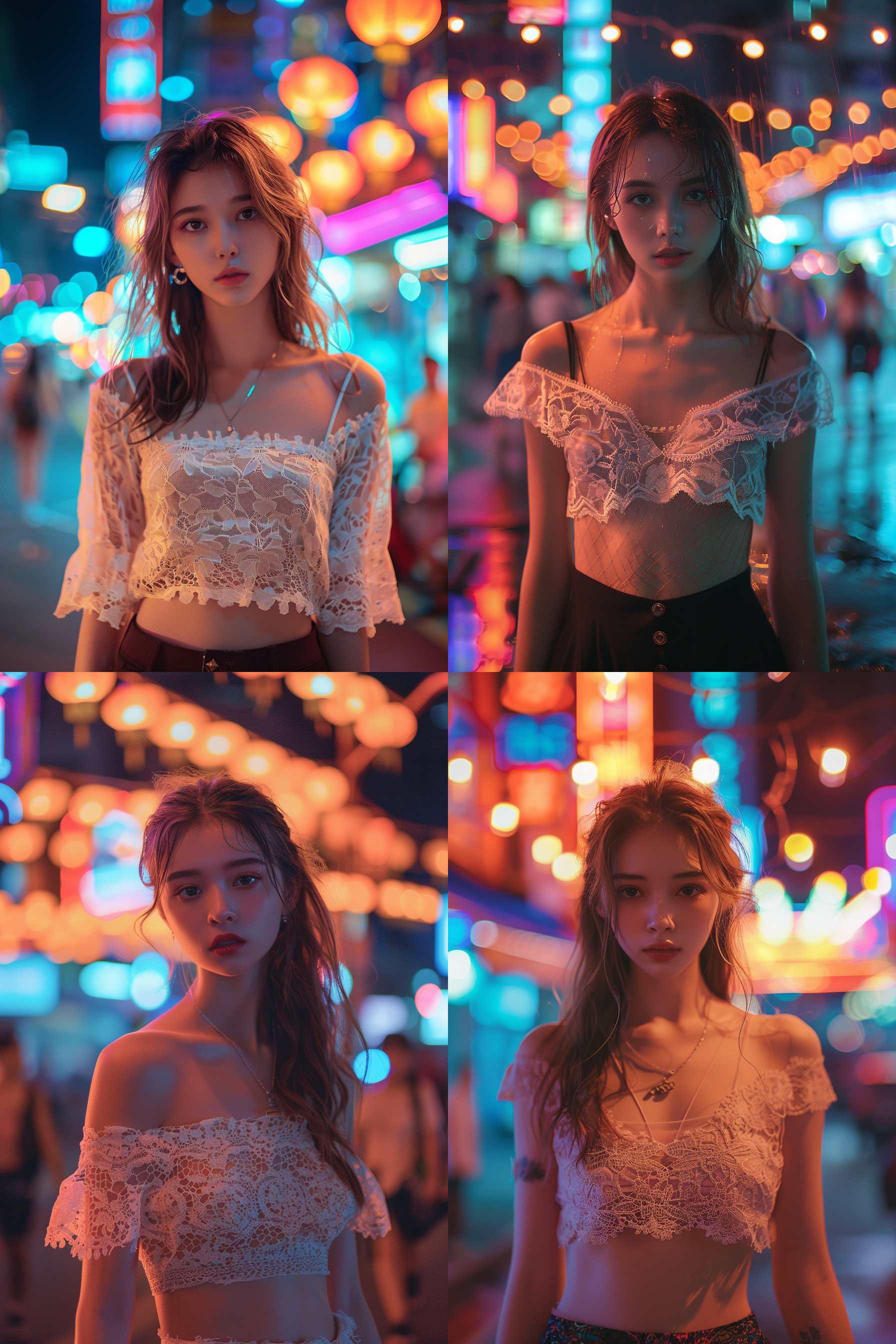 都市女郎穿着蕾丝裙，背景为繁华都市，大眼睛，精装妆容，白皙光滑皮肤，高贵气质，高清画质，完美光线，柔和色调，微笑。霓虹灯光，50mm定焦镜头，正面视角。