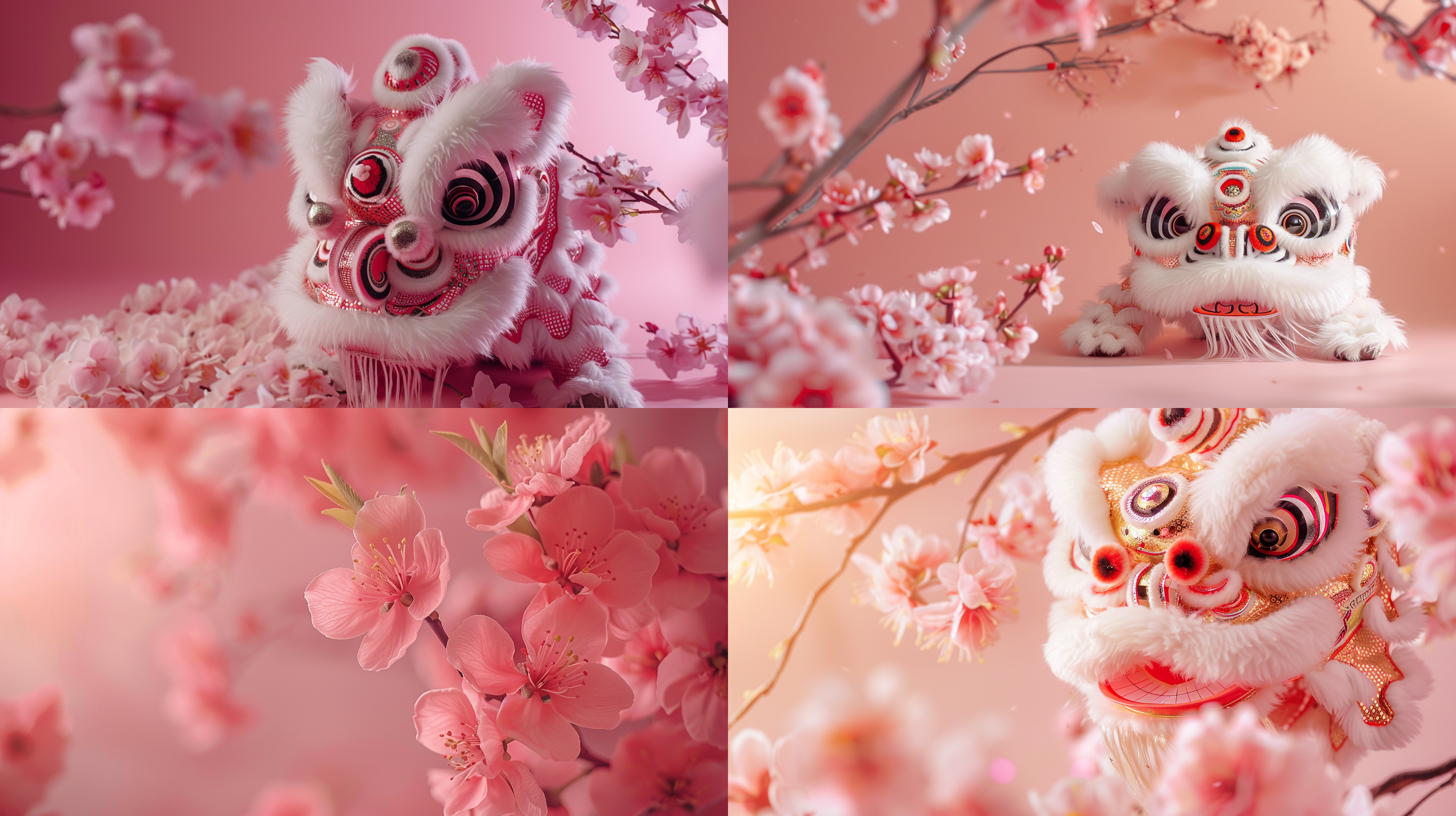 中国舞狮，桃花，单调粉色背景，居中构图，极简模式，低角度视角，微距镜头，柔和侧光，绽放，喜庆。