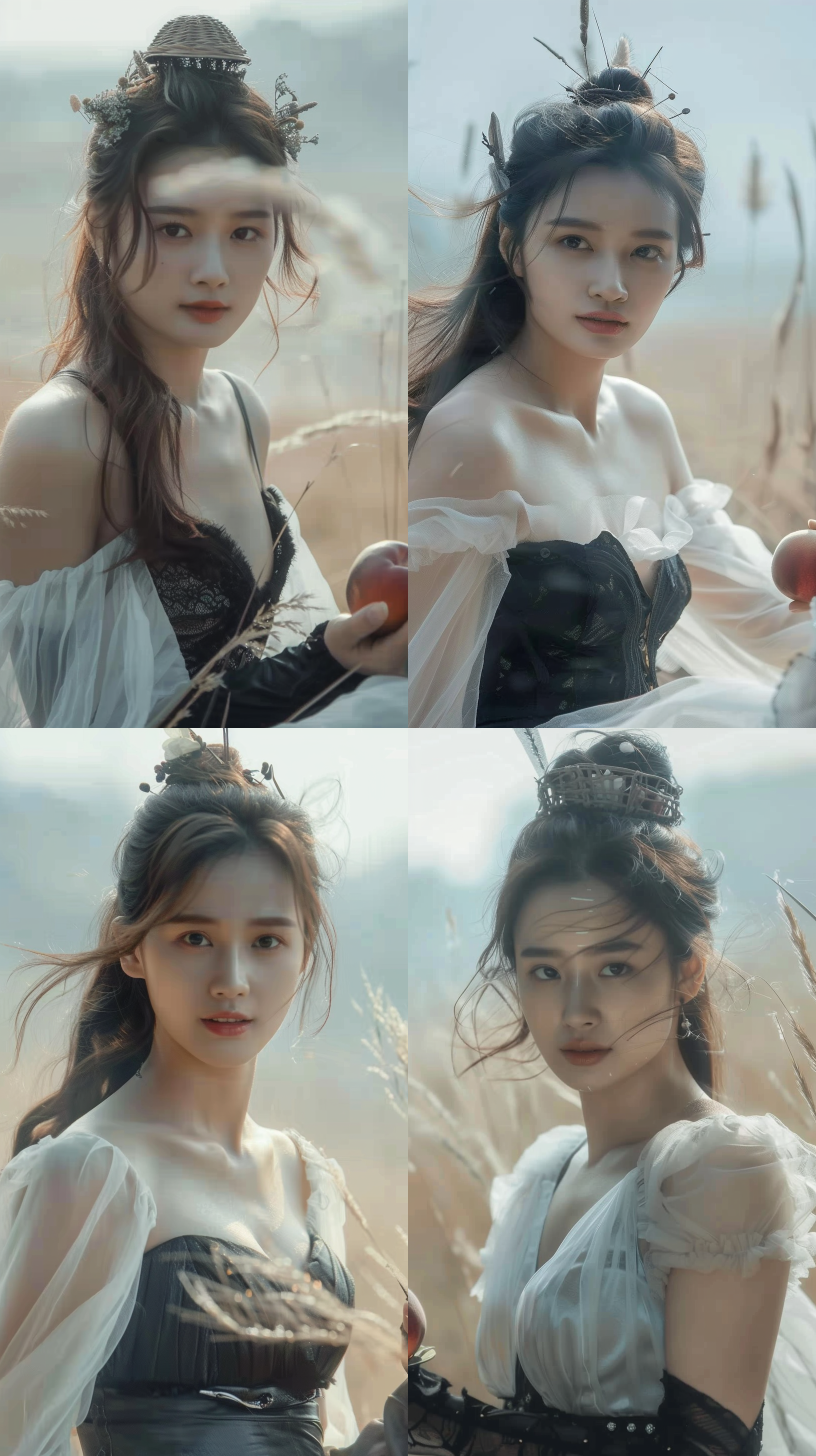 美女在大草原，穿着白色纱裙，戴着花篮帽，自然光线，柔和色调，环境肖像，中景构图，微笑，自然动作，风吹动长发，温暖情感。手里拿着一颗红色的大水蜜桃，水蜜桃红润水灵灵。草原风光，肖像摄影，自然光，柔焦，中景，微笑，自然动作，长发飘逸，水蜜桃色调，温暖情感。