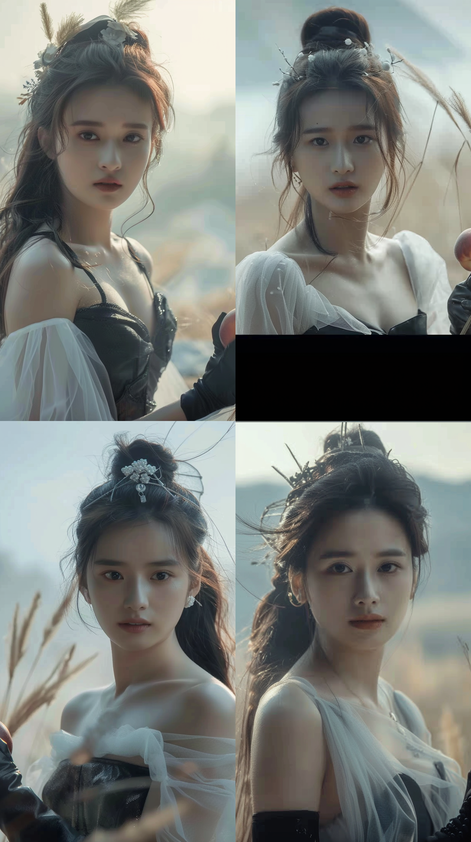 美女在大草原，穿着白色纱裙，戴着花篮帽，自然光线，柔和色调，环境肖像，中景构图，微笑，自然动作，风吹动长发，温暖情感。手里拿着一颗红色的大水蜜桃，水蜜桃红润水灵灵。草原风光，肖像摄影，自然光，柔焦，中景，微笑，自然动作，长发飘逸，水蜜桃色调，温暖情感。