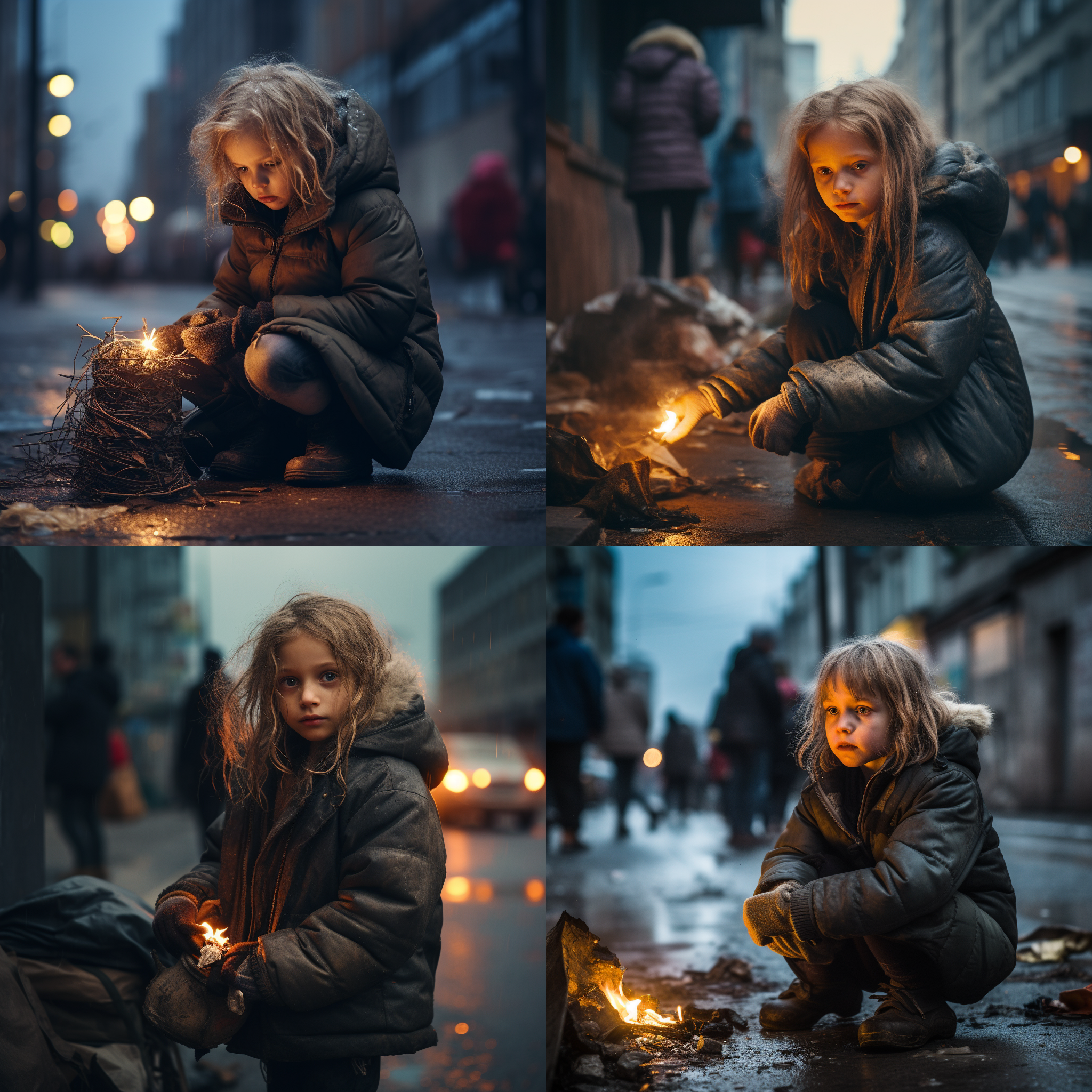 小女孩身穿破旧的衣服，头发凌乱。她蹲在寒冷的街角，手里拿着一束火柴，试图点燃它们。背景中是繁忙的城市街道，行人匆忙而冷漠。天空阴沉，没有一丝阳光。照片以小女孩为焦点，捕捉到她渴望温暖和希望的眼神。 黑白照，逆光，窄景角，对焦模糊，垂直构图，冷色调，孤独，无助，悲伤。