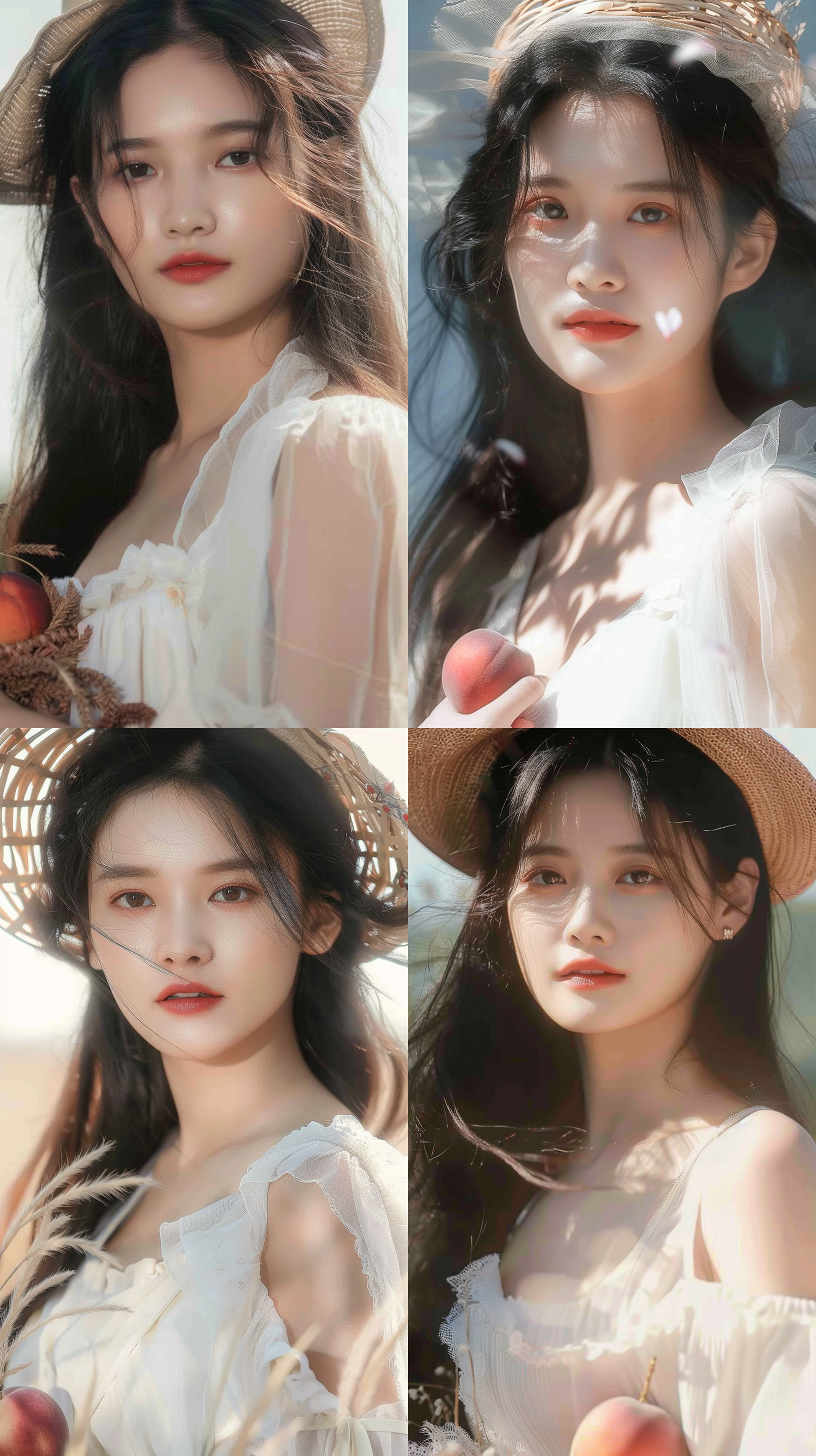 美女，红唇，皮肤细腻白净，穿着白色纱裙，戴着花篮帽，自然光线，柔和色调，环境肖像，中景构图，微笑，自然动作，风吹动长发，温暖情感。手中拿着蜜桃，一颗红色的大水蜜桃，水蜜桃红润水灵灵。阳光，最美风光