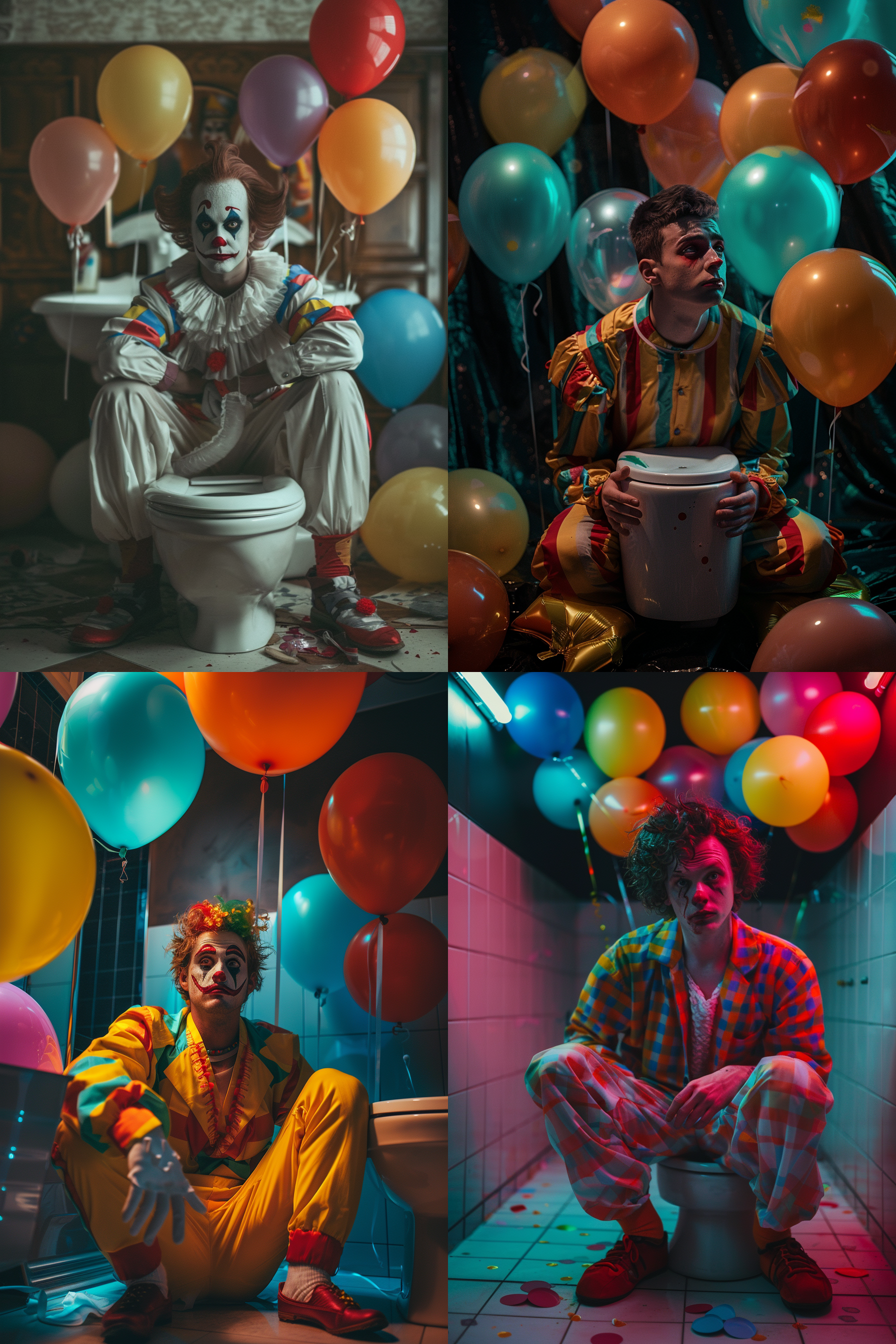 一个帅气的年轻演员小丑，在很大的浴室房间里，坐在地上抱着智能马桶，周围有几个五颜六色的气球装饰，整体氛围和谐温馨有情调，纯黑背景，柔和像素，8k超清 极简主义 摄影纪实 oc渲染器 未来主义 干净背景 卧室 极限特写 虚化 超广角 金属漆 氛围感照明 电影灯光 镜头光晕 斑驳光线 丁达尔效应 暖光 蒂默曼斯 北欧室内 华丽室内 平面摄影 约翰逊