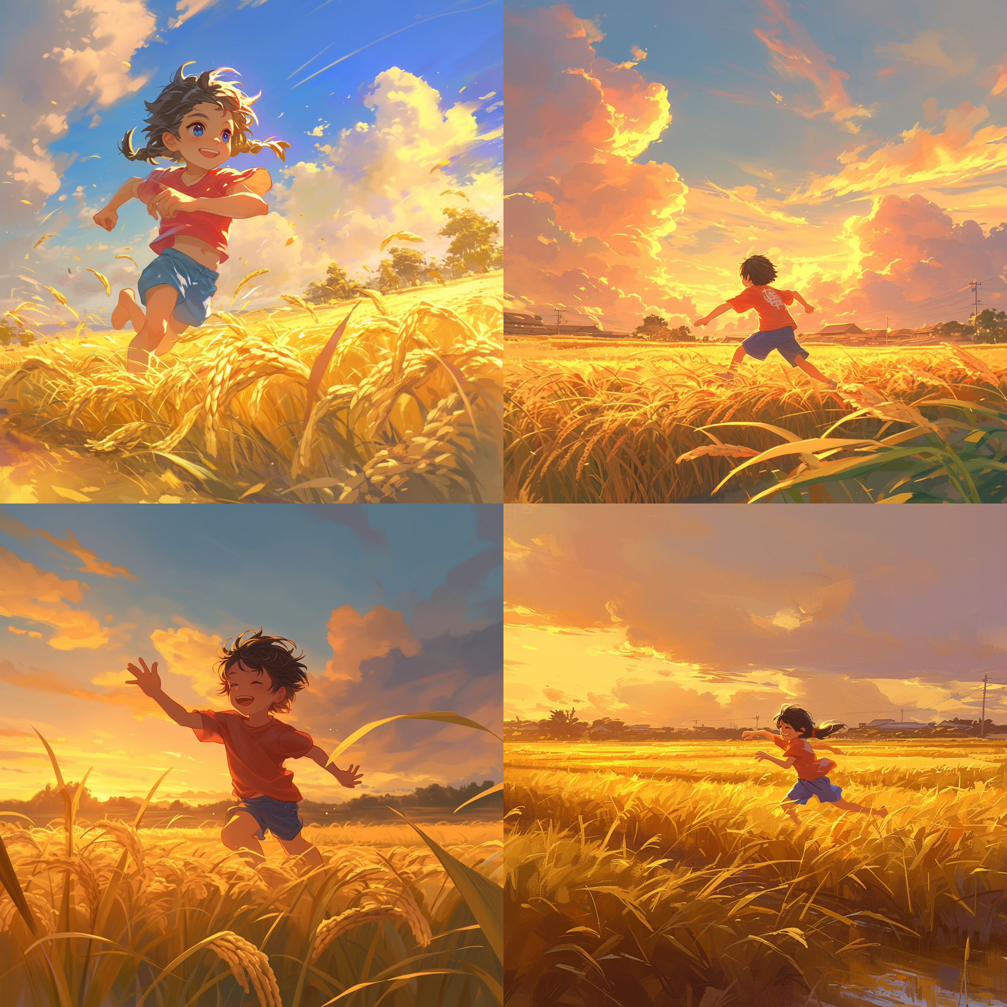 大草原上，一个小男孩穿着蓝色短裤和红色t恤，在水稻田里奔跑。他的长发随风飘扬，笑容灿烂。画面采用远景，捕捉到了无边无际的田野和广阔的天空。透过夕阳的余晖，整个场景被柔和的金黄色渲染，给人一种宁静和自由的感觉。 奔跑，水稻田，大草原，远景，长发，笑容，蓝色短裤，红色t恤，金黄色，夕阳，自由，宁静。
