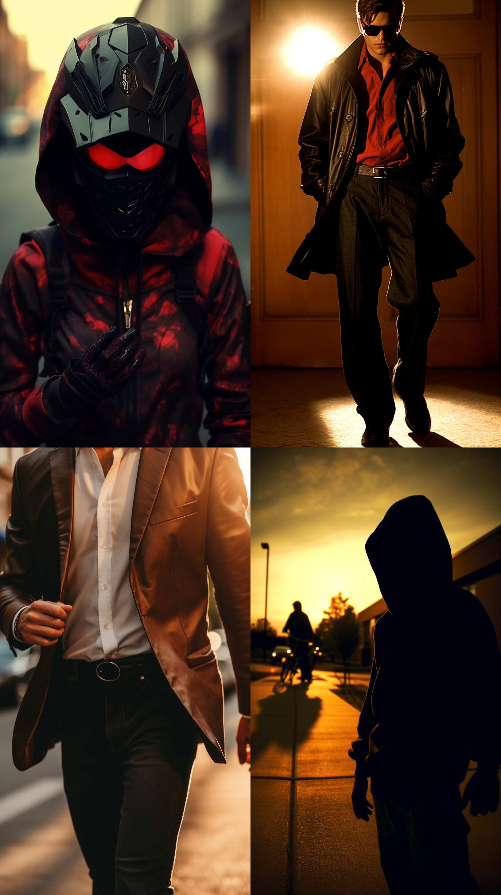 黑色皮衣皮裤，摩托车，夕阳下，城市背景，华丽光影，正面对焦，酷劲十足。