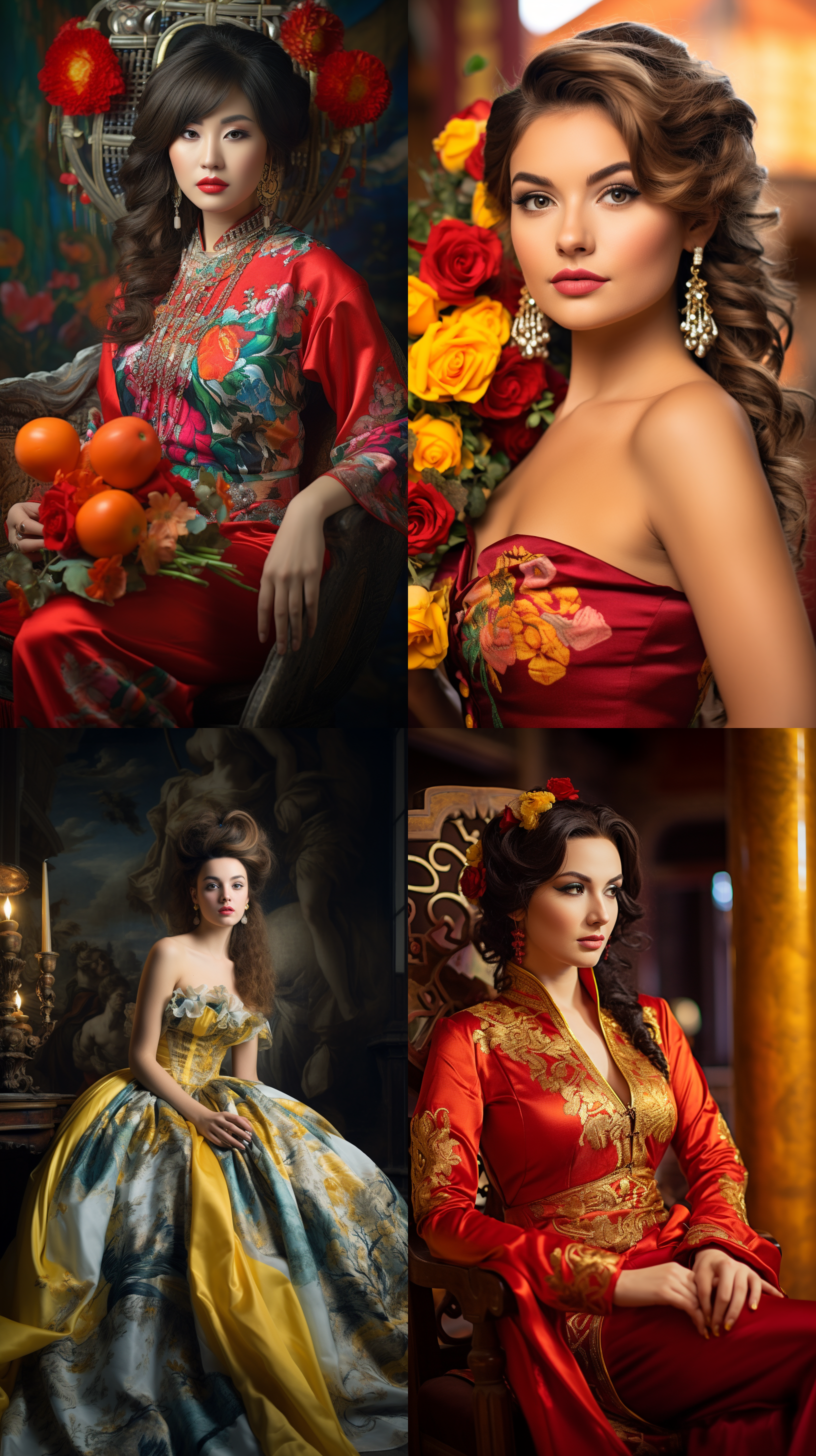 室内拍摄，明亮色调，模特穿着古典服装，侧面肖像，柔和光线，中焦镜头，端庄表情，优雅动作，传统元素，油画效果，温暖情感