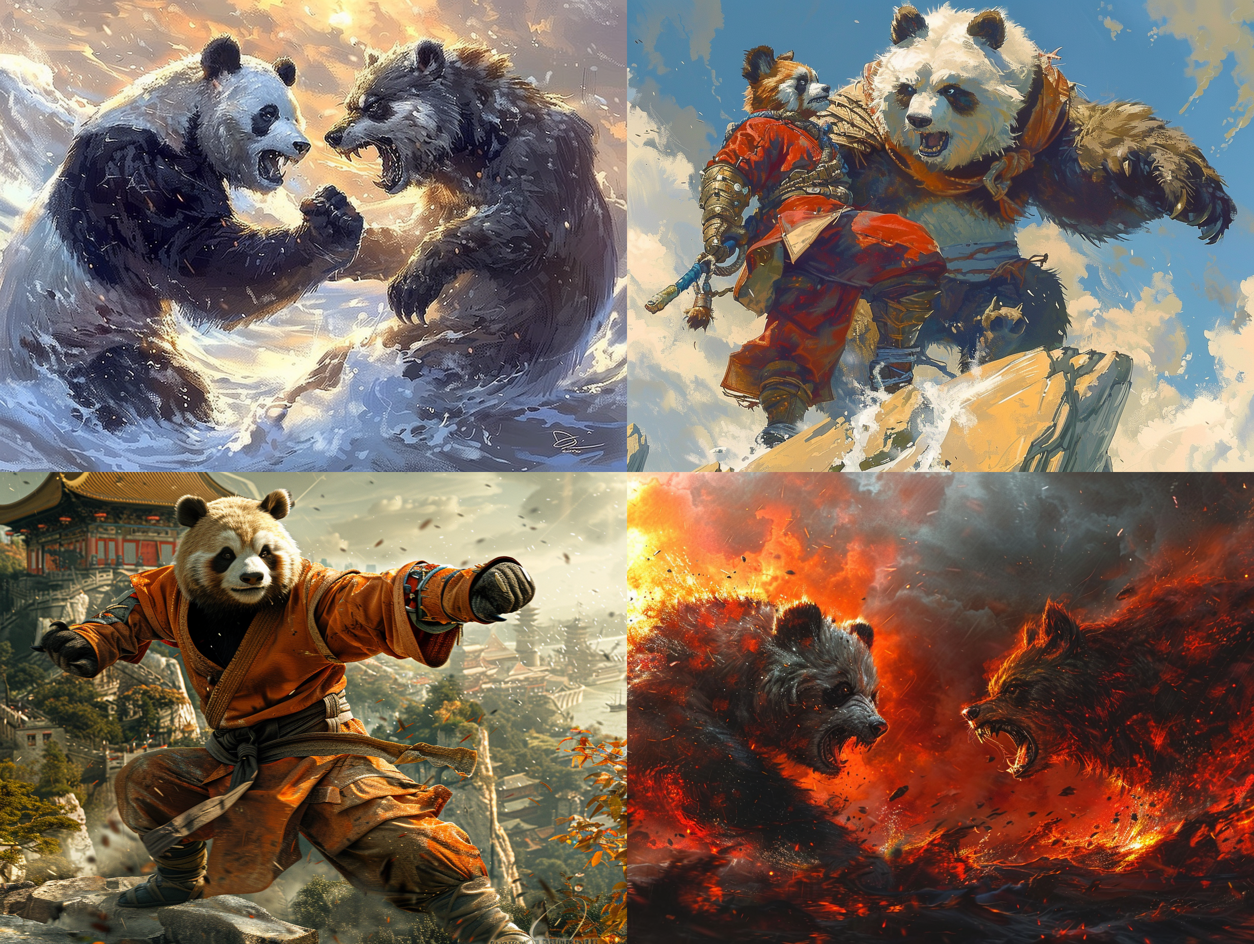 熊猫vs恶狼，激战悬崖上，展示武功，表情紧张，动作瞬间，打击有力，剧烈日落背景，高耸悬崖，狂风呼啸，凸显善恶对决，电影般动感，记录每个细节。