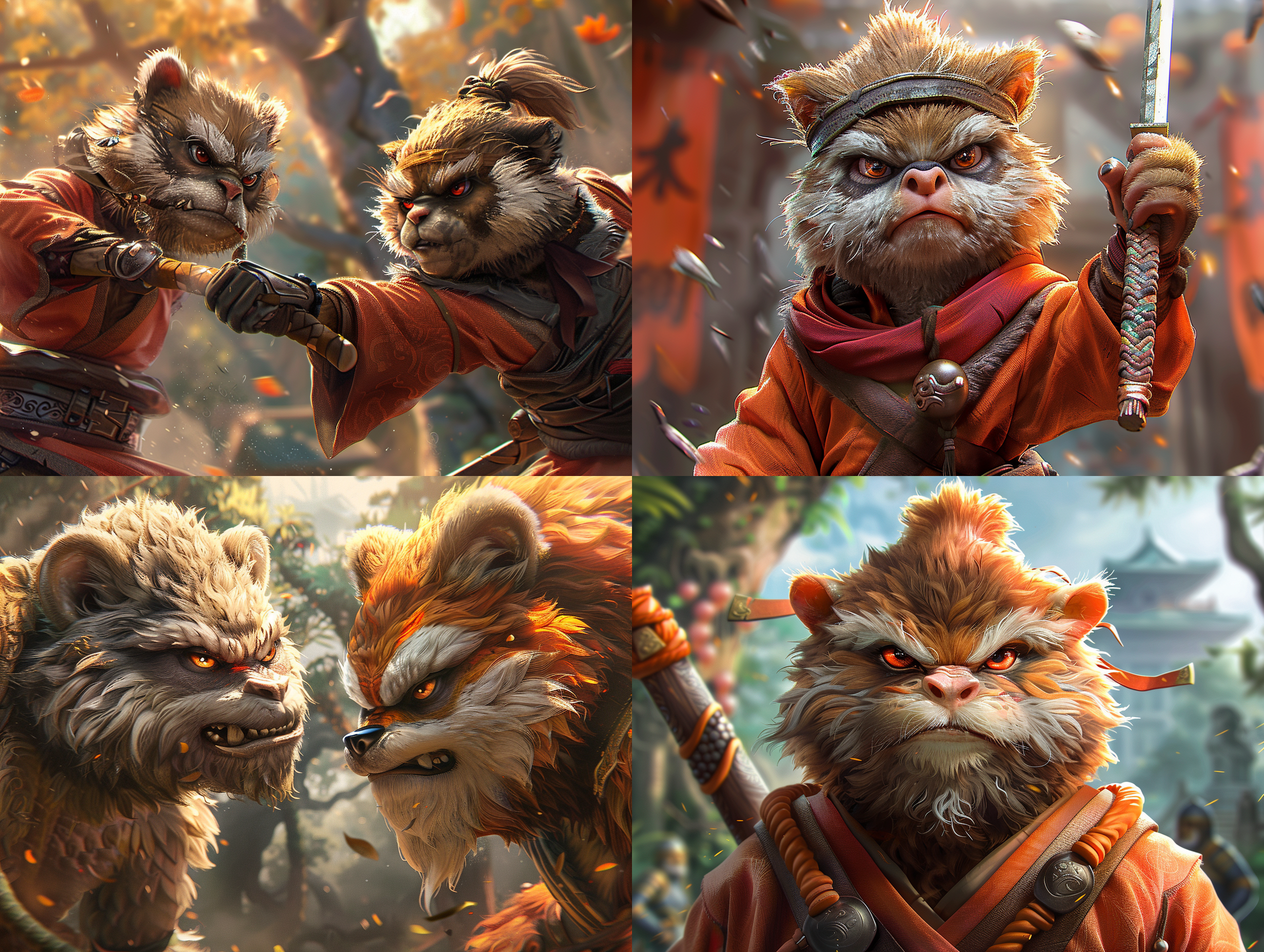猴子战士在战斗与邪恶的狼，激烈和激烈的表情，战斗在黑暗和茂密的森林中，与古老的树木高耸的开销，在星光灿烂的天空下，动态和戏剧性的构图捕捉战斗中的行动，以详细和现实的风格说明。3d