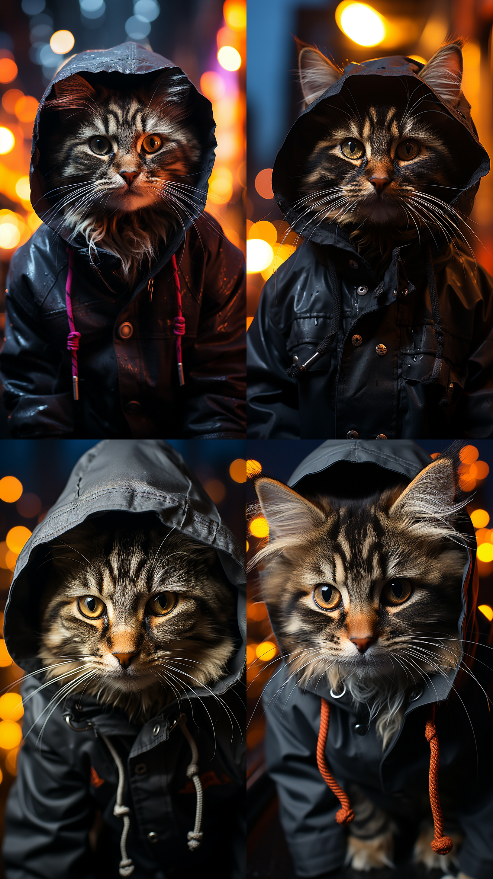 黑色时尚连帽衫的站立猫，背景是明亮的城市街道，夜晚照明，大光圈，长焦镜头，高饱和度，动感，自信，时尚。