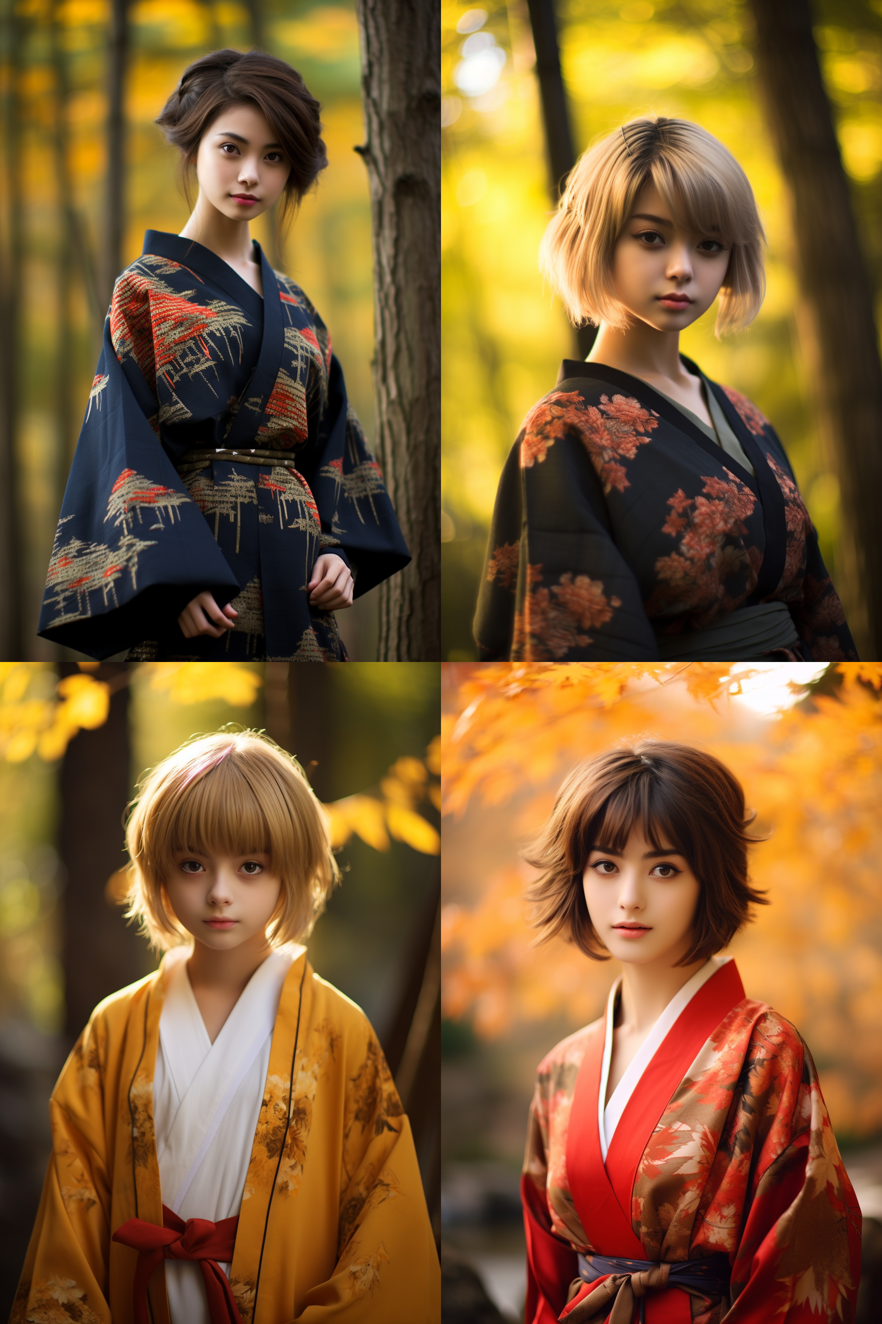 和服短发女孩，枫林背景，摄影图