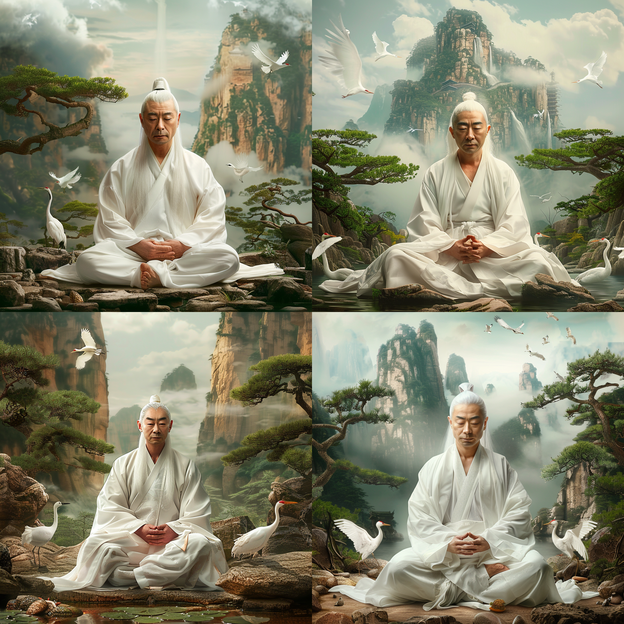 老子打坐，道家，衣裝飄逸，白發飛揚，双手合成太极印，飄渺山巒，疊翠蒼柏，白鶴，古風，山水畫風，景深，自然光，靜止，大氣色調，莊嚴，悠遠，智慧。
