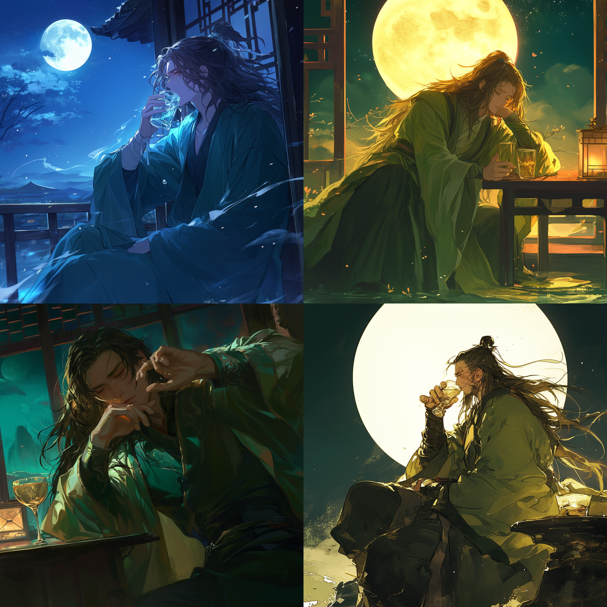 一长发青衣男子在月下独酌，他心情低落无助，举杯敬酒。饮毕，他豁然开朗，坐起朝天，决心活出自我。出关后，他学习贤人，困难重重，但他心怀豪情。苍穹月照耀，风帘轻拂，他坐起行径崤函路。弃去厌倦，向关外崆峒山去，迎接新的挑战。中国风，表现主义画风，表达情感，激励，豪情，决心，自我成长。