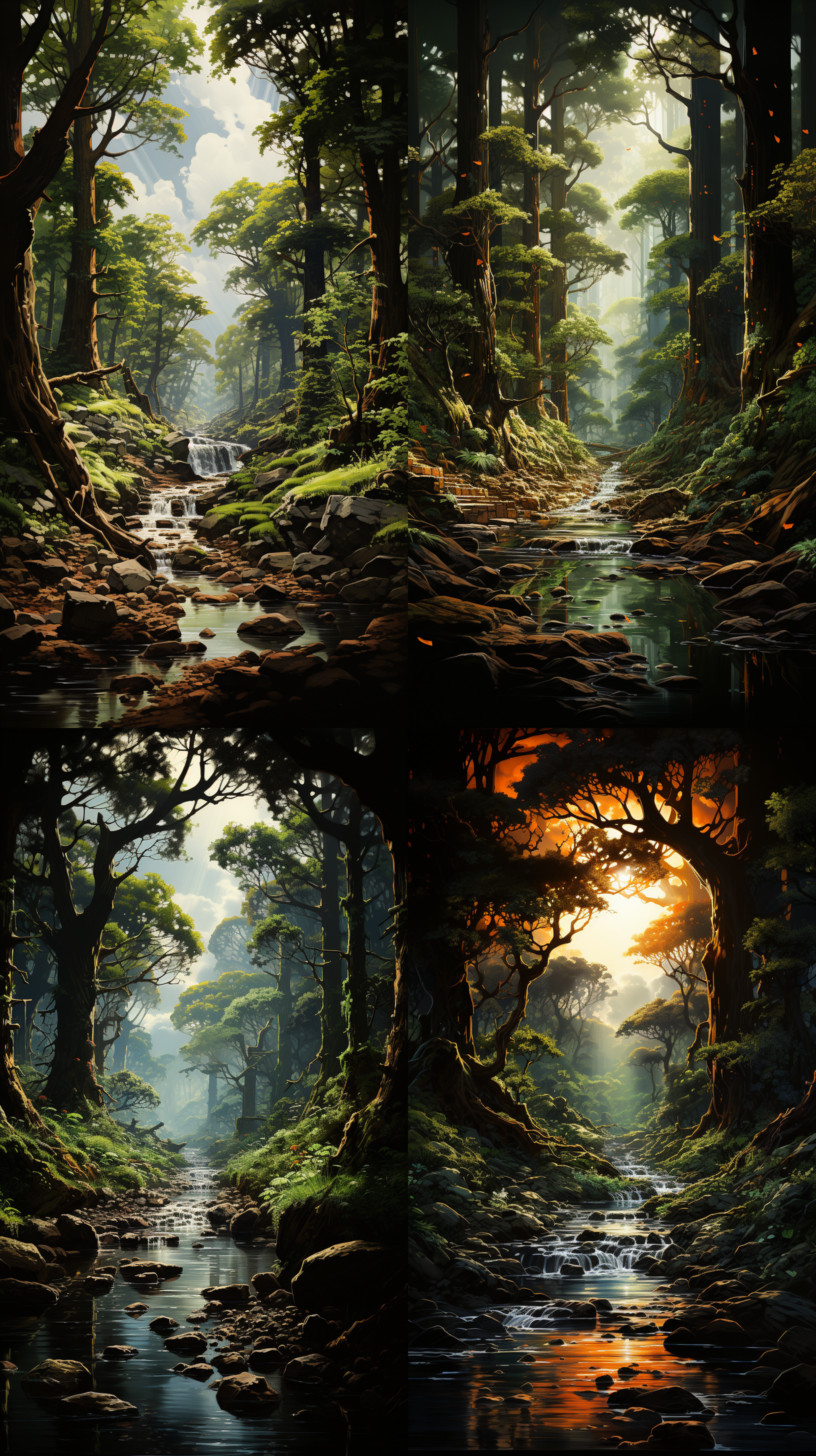 参天大树，森林中，阳光光束，巨大树干，细节纹理，自然色调，宁静，孤独，树影。