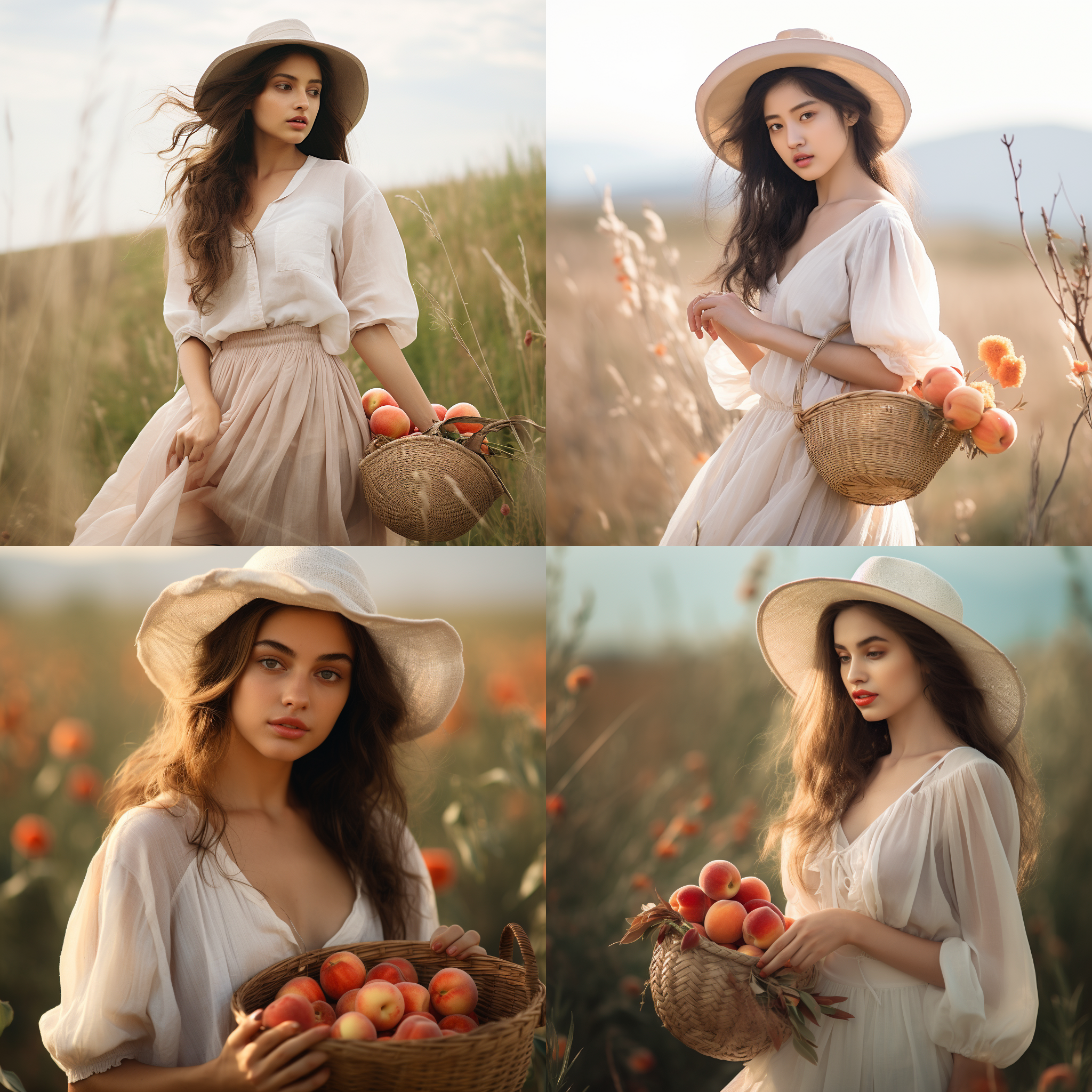 美女在大草原，穿着白色纱裙，戴着花篮帽，自然光线，柔和色调，环境肖像，中景构图，微笑，自然动作，风吹动长发，温暖情感。手里拿着一颗红色的大水蜜桃，水蜜桃红润水灵灵， 环境肖像，自然光线，柔和色调，微笑，风吹动长发，温暖情感，水蜜桃。 大草原，白色纱裙，花篮帽，中景构图，自然光线，柔和色调，环境肖像，微笑，风动长发，红色水蜜桃，温暖情感。