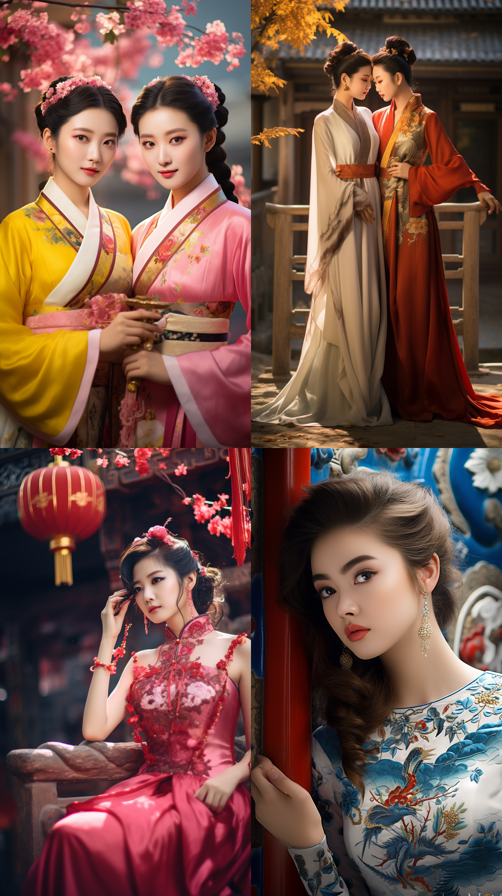室外拍摄，明亮色调，中国模特穿着古典服装，侧面肖像，柔和光线，中焦镜头，端庄表情，优雅动作，传统元素，油画效果，温暖情感