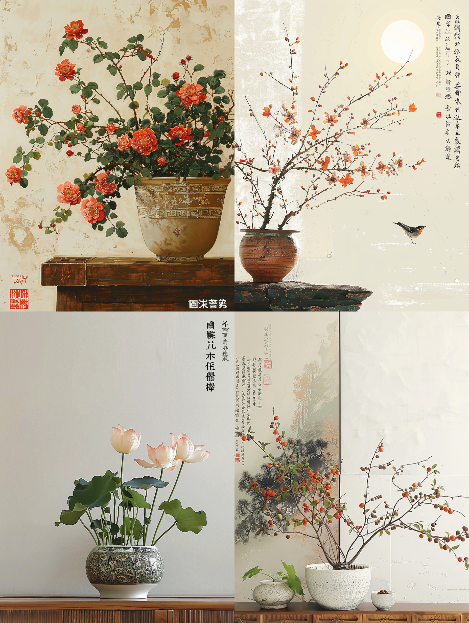 新中式风装饰画产品图，花集盆栽，光影照射，高分辨率，大师级摄影，适当留白，清爽简约高级，禅意意境，细节突出，暖色调，室内拍摄，装饰画主题。