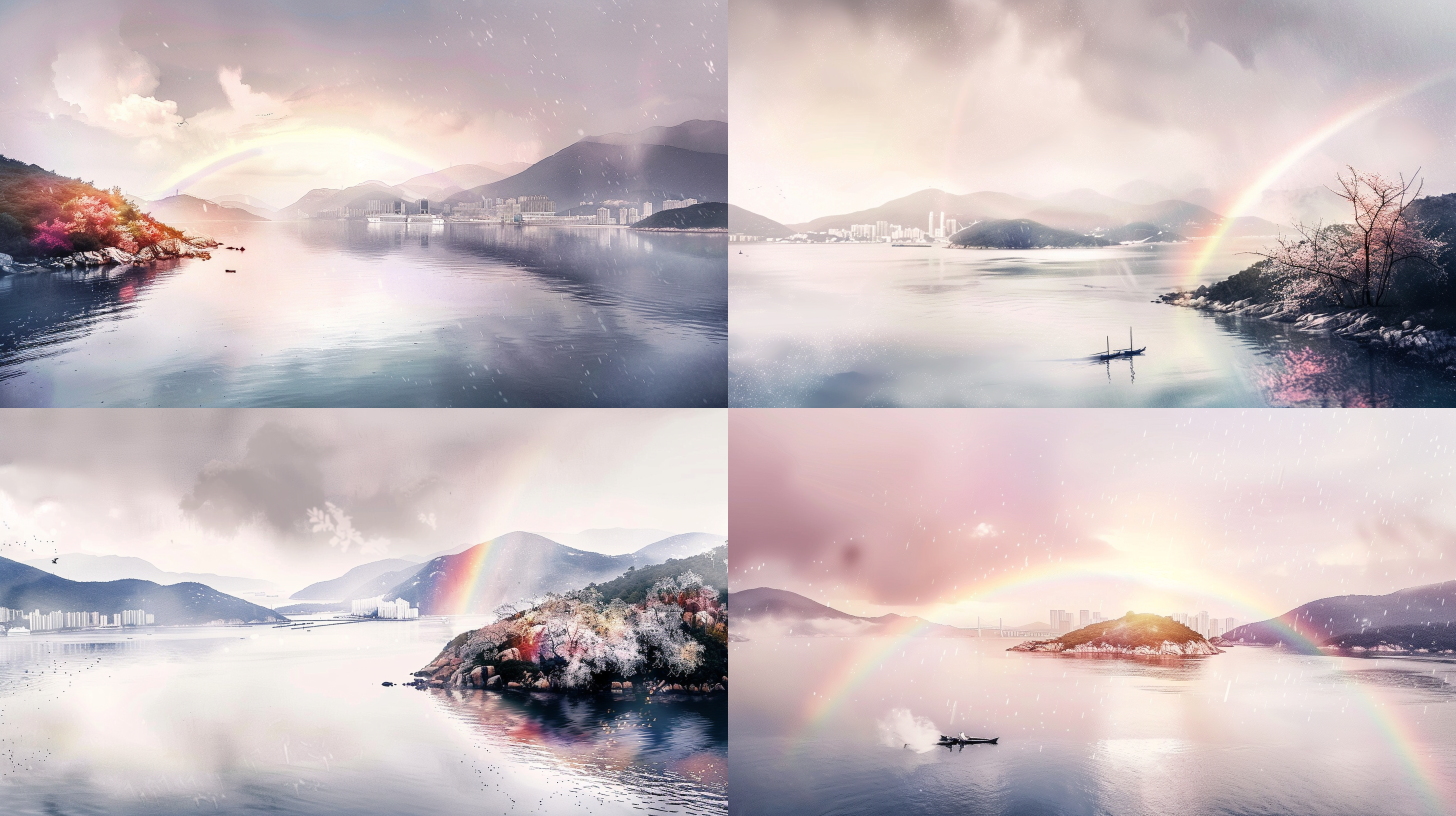 雨后海上彩虹，梦幻，唯美，东方浪漫主义风格, 水墨画效果, 鸟瞰视角, 柔和光线, 静态, 柔和色调, 情感丰富。
