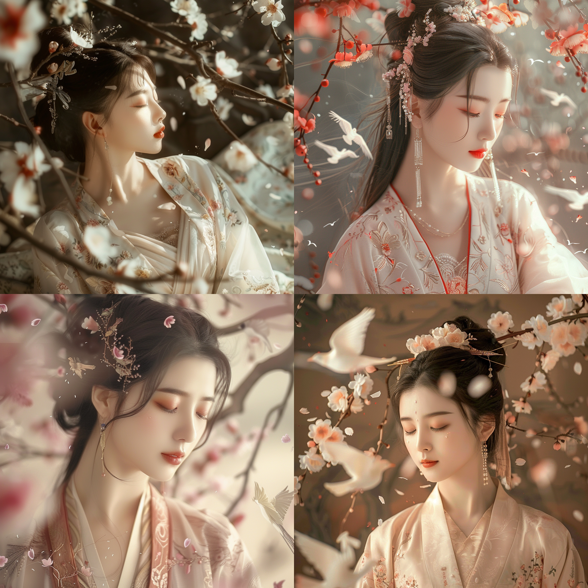 美女穿着古典礼服，背景百鸟朝凤，梅花树枝，飞翔的鸟儿，飘落的花瓣，微闭眼，高挺鼻子，淡粉色腮红，白皙皮肤，标准五官，细致华丽，花瓣飘落。国漫风格，4k超高细节，氛围浓厚，浓郁国风，唯美。