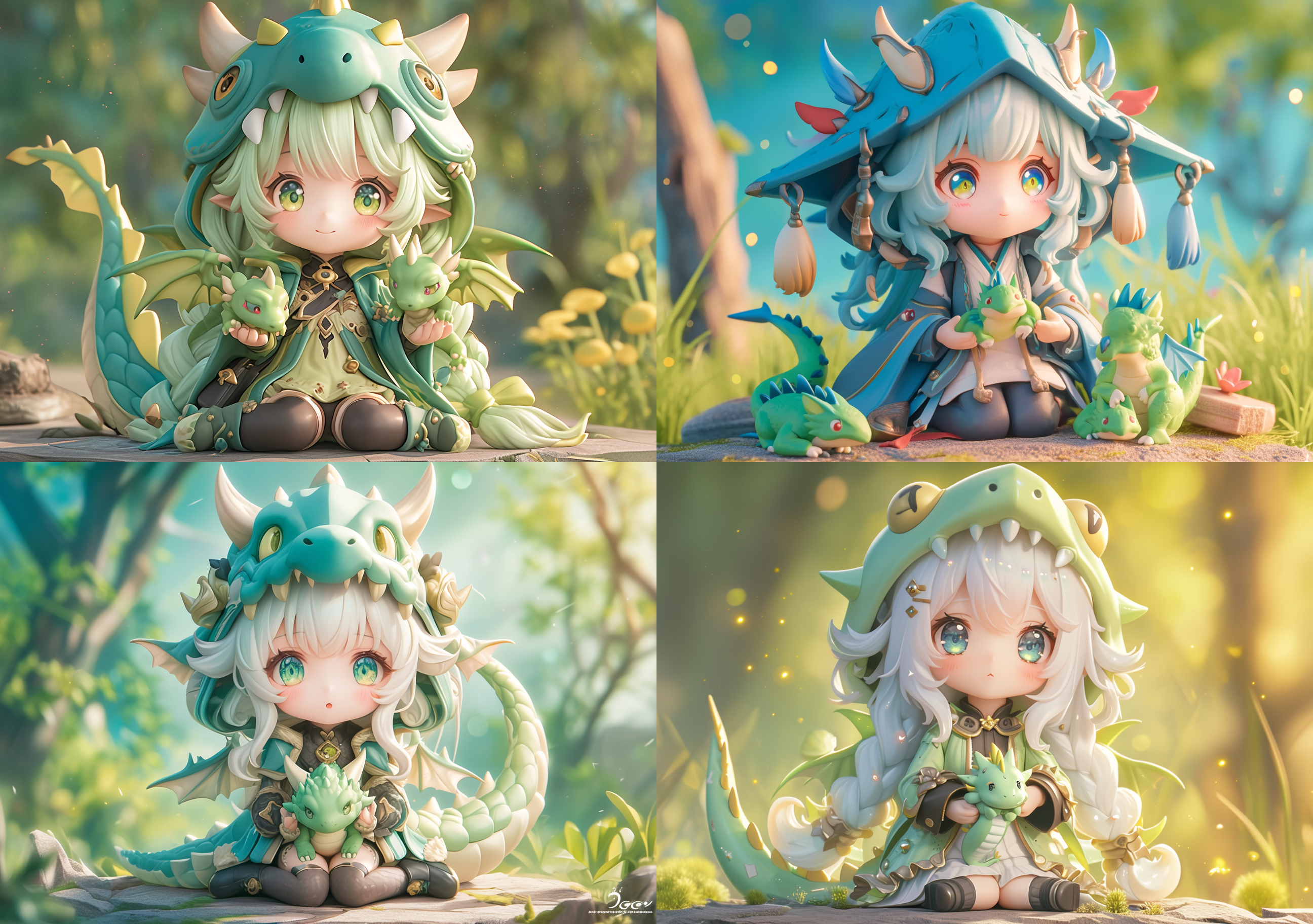 cute anime-style girl with a dragon-shaped hat, holding tiny green dragons in her hands, sitting on the ground surrounded by nature with pastel colors. the figure has a nendoroid style with a blurred background. it has a 3d cartoon character design with detailed facial features and eyes. the image is high resolution with clear focus and natural lighting. it uses a vibrant color palette with white space around the characters. the photography appears to be professional studio quality.,,in clothes