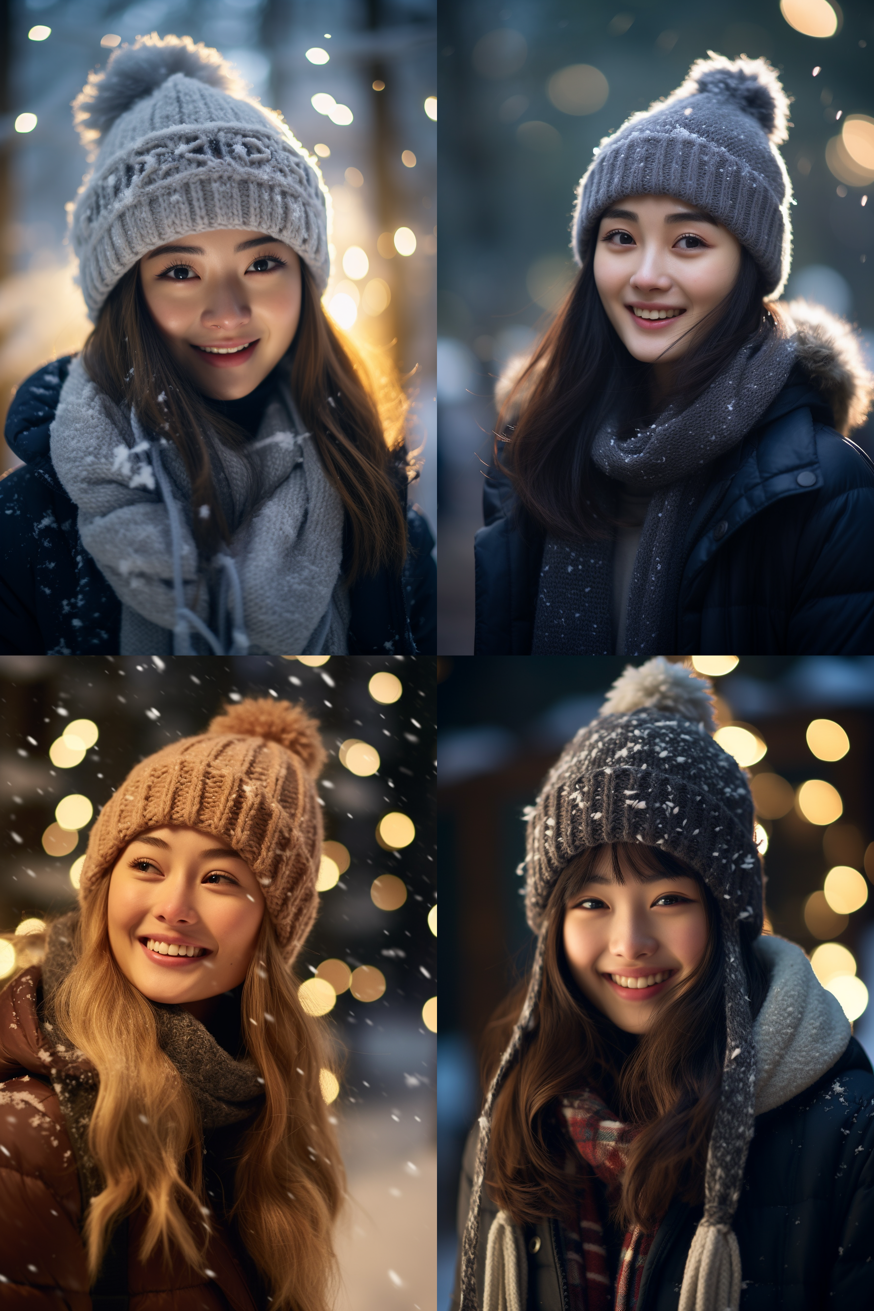 中国女孩，戴着毛线帽和围巾，微笑着，雪花飘落在她的头发上。她站在冬日的森林中，阳光洒在她身上，照亮了她的皮肤。画面明亮清晰，背景模糊，突出了女孩的美丽。人像摄影，自然光，浅景深，冷色调，欢快，温暖。