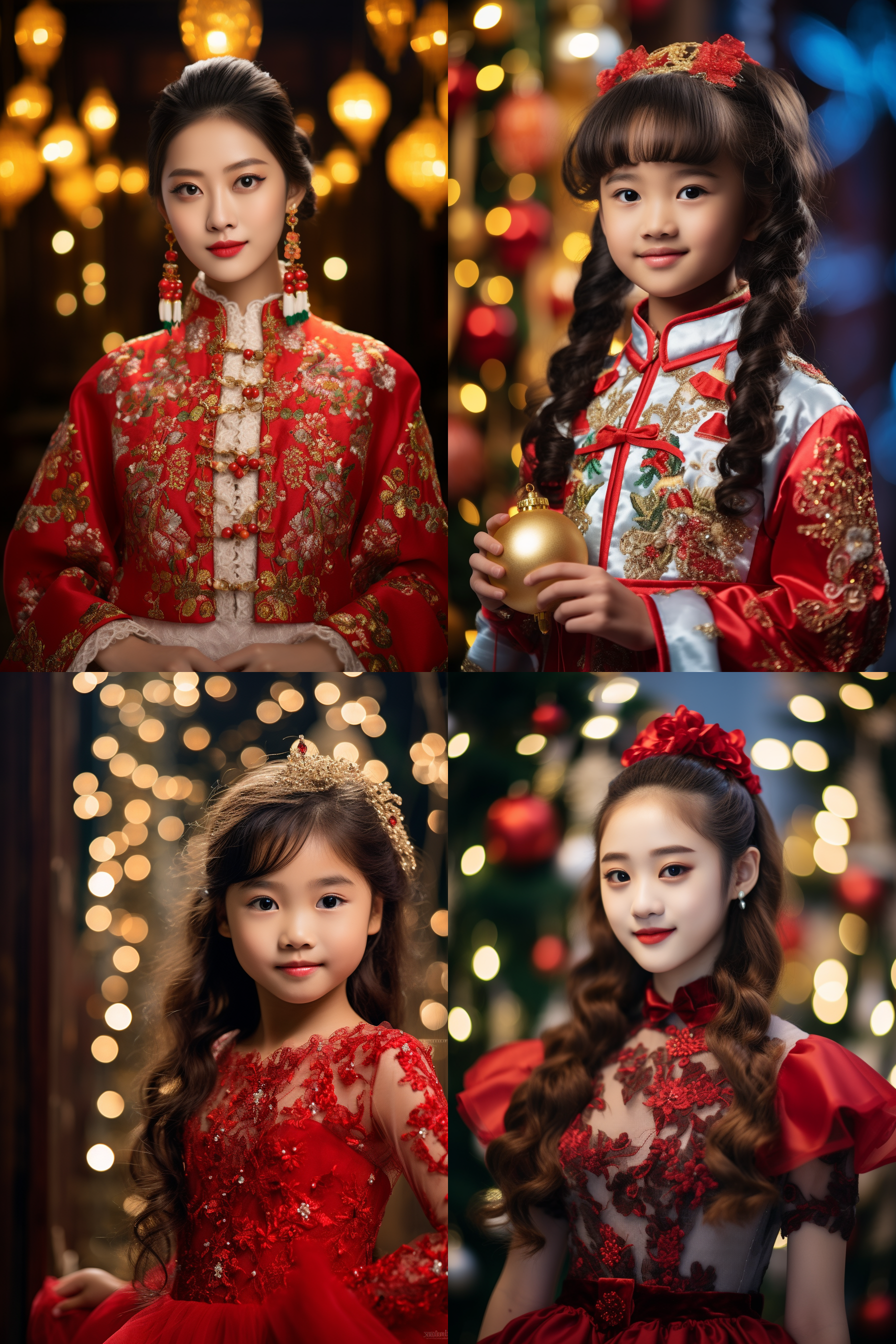 中国女孩穿着华丽的圣诞服饰，站在明亮的室内环境中。她笑容灿烂，眼神温柔。镜头使用超高清摄影技术，突出女孩的细节和肌肤质感。背景装饰着圣诞树和彩灯，营造出浓厚的圣诞氛围。明亮的灯光投射在女孩身上，增添了温暖和喜庆的感觉。女孩手中还拿着一个精美的圣诞礼物盒子。