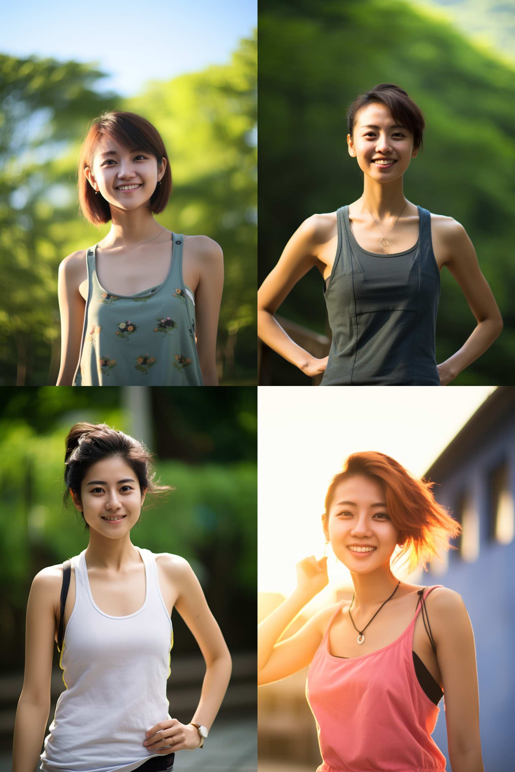 中国短发女孩，穿背心，明亮光线，摄影图 清新自然，户外风景，肖像模式，中焦镜头，微笑，自然姿态，色彩鲜艳，快门优先，放松自然