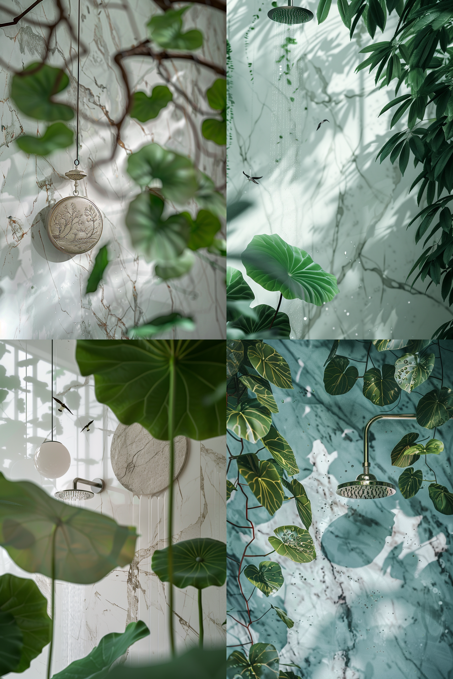 一张中国二十四节气，谷雨，整体与谷雨氛围贴合，展现一个大理石墙壁挂着花洒特写，整体显得空旷神怡然，，旁边有几片很大绿叶，打满水珠，天空中一两只燕子翱翔，下着小雨，绿色田园风格，极致简约，广角镜头，空旷感，色彩鲜明的元素与自然景观相得益彰，营造出宁静和平静的氛围， 电影灯光,8k,超清 oc渲染器 热带雨林 杂草丛生 虚化 超广角 丁达尔效应 斑驳光线 日式园林 园林 荷花 世外桃源