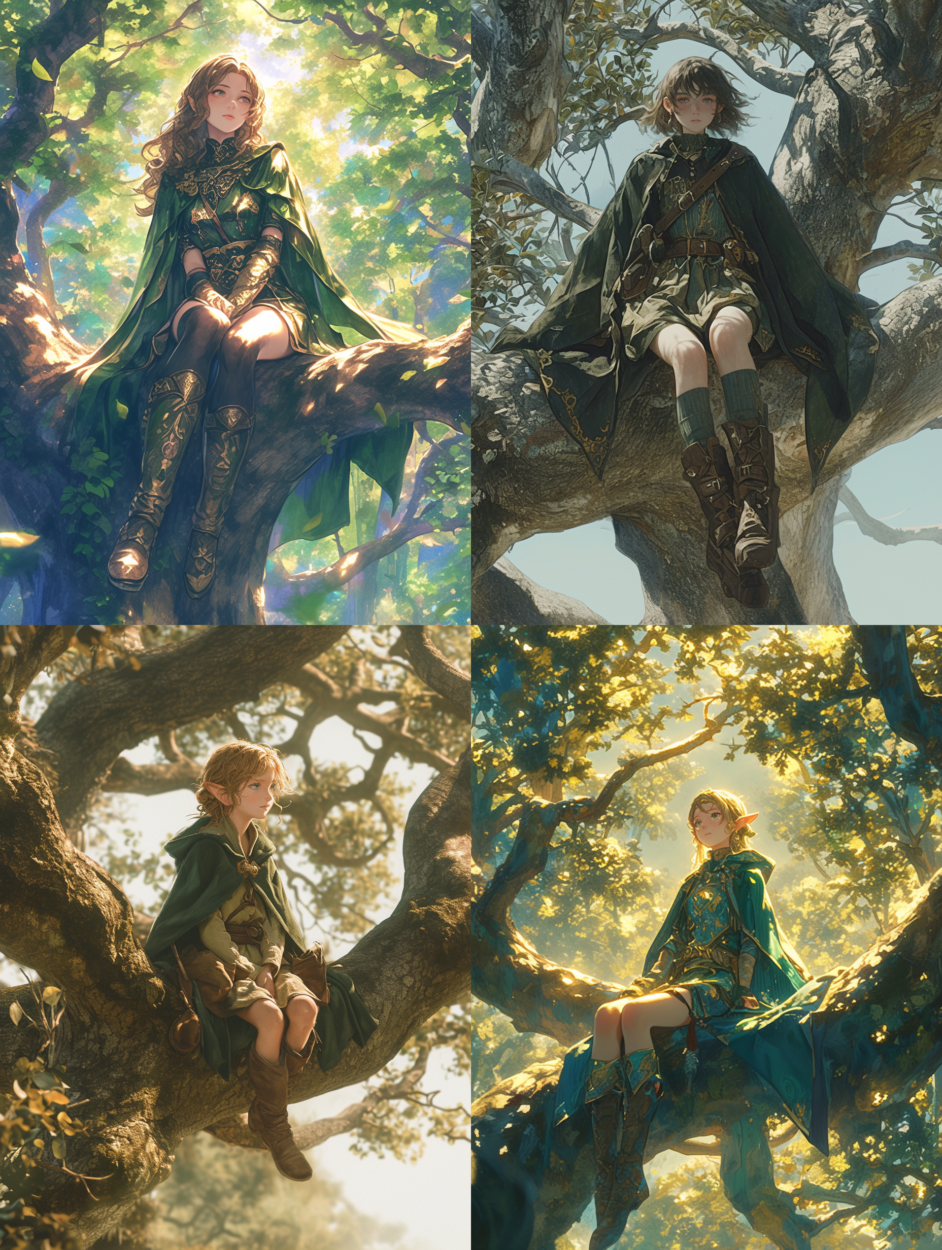 一位少女独自坐在巨树的树枝上，身着默认服装和绿色披风，眼睛呈十字形状，表情温柔。画面构图以交叉形式呈现，通过低角度拍摄，突出少女的高大和威严。背景是茂密的树叶和漂浮的叶子。照片以全身为主题，配以暖色调，使用广角镜头和侧光，营造出神秘而宏伟的氛围。这是一张艺术性极高、质量最佳的杰作。