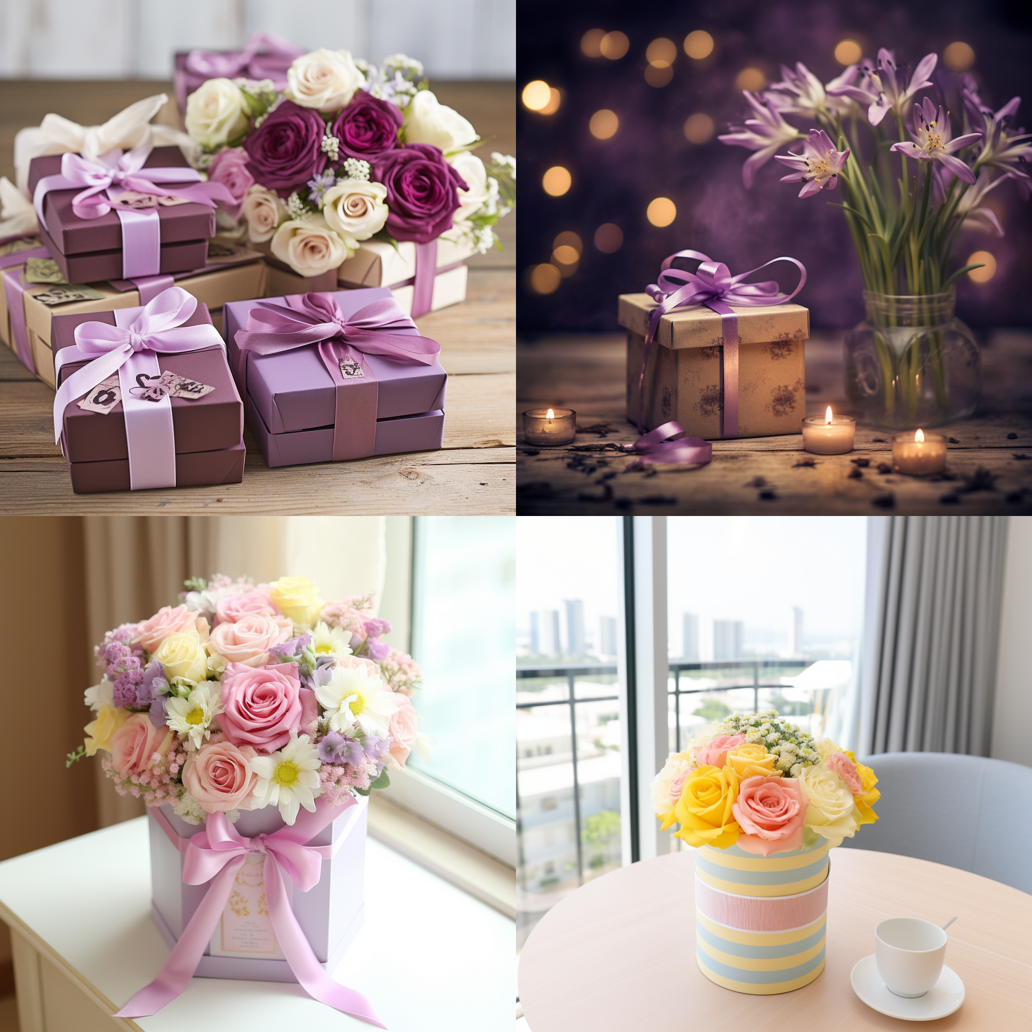 满的五彩缤纷的礼品盒，每个盒子上都有精致的丝带和蝴蝶结。在盒子旁边，摆放着一束鲜花和一张贺卡。整个场景充满了温馨和喜庆的氛围。 白平衡，饱和度，高清晰度，中心构图，逆光，浅景深，柔光灯，绚丽色彩，温暖情感。
