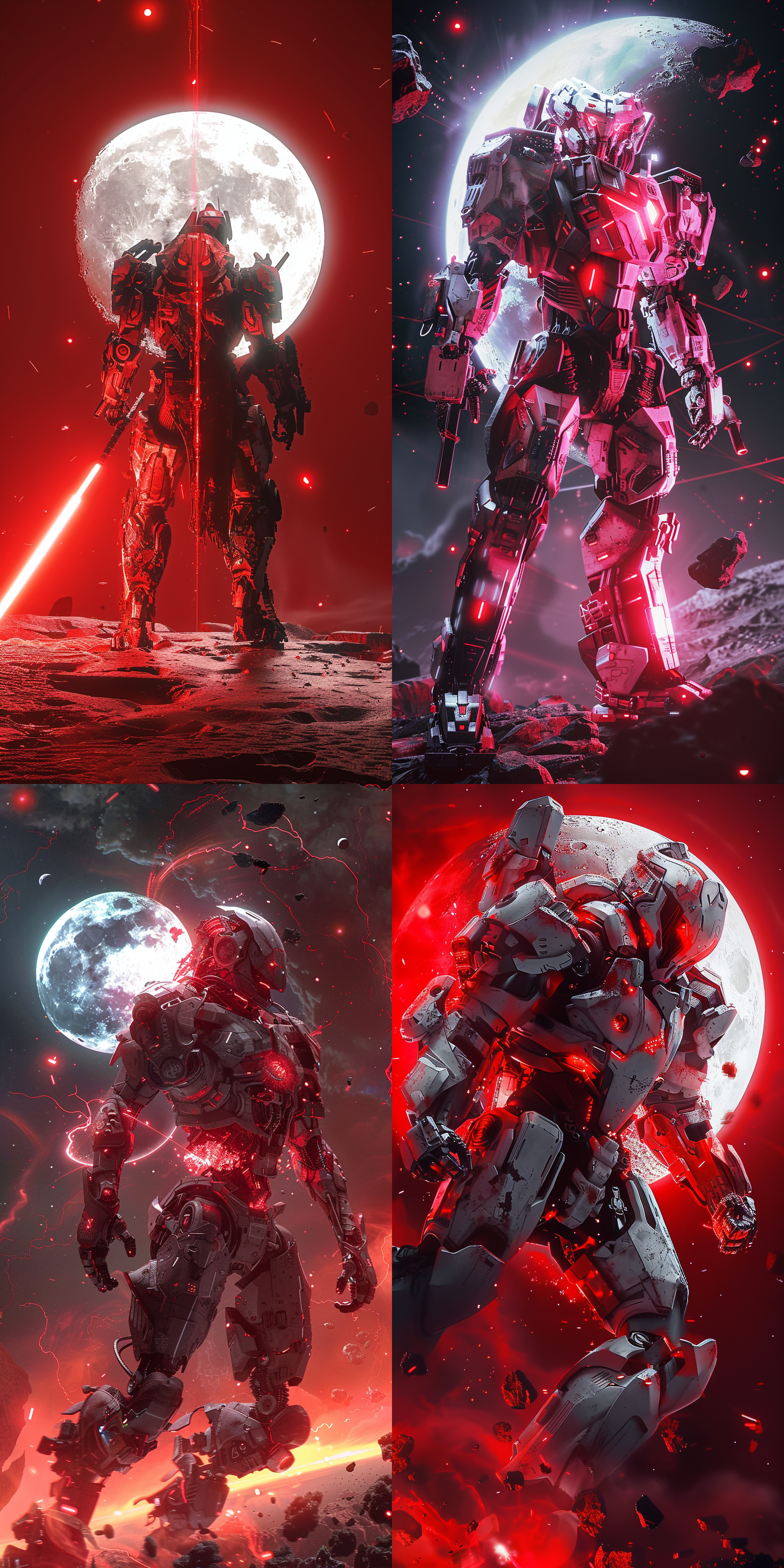 24k超清壁纸，机甲风，机甲战神，天蝎星座幻化的机甲，神秘，发光，机甲，激战动作 虚幻引擎 未来主义 创风格 月球空间 全身 象牙白 白红 光粒子 轮廓光