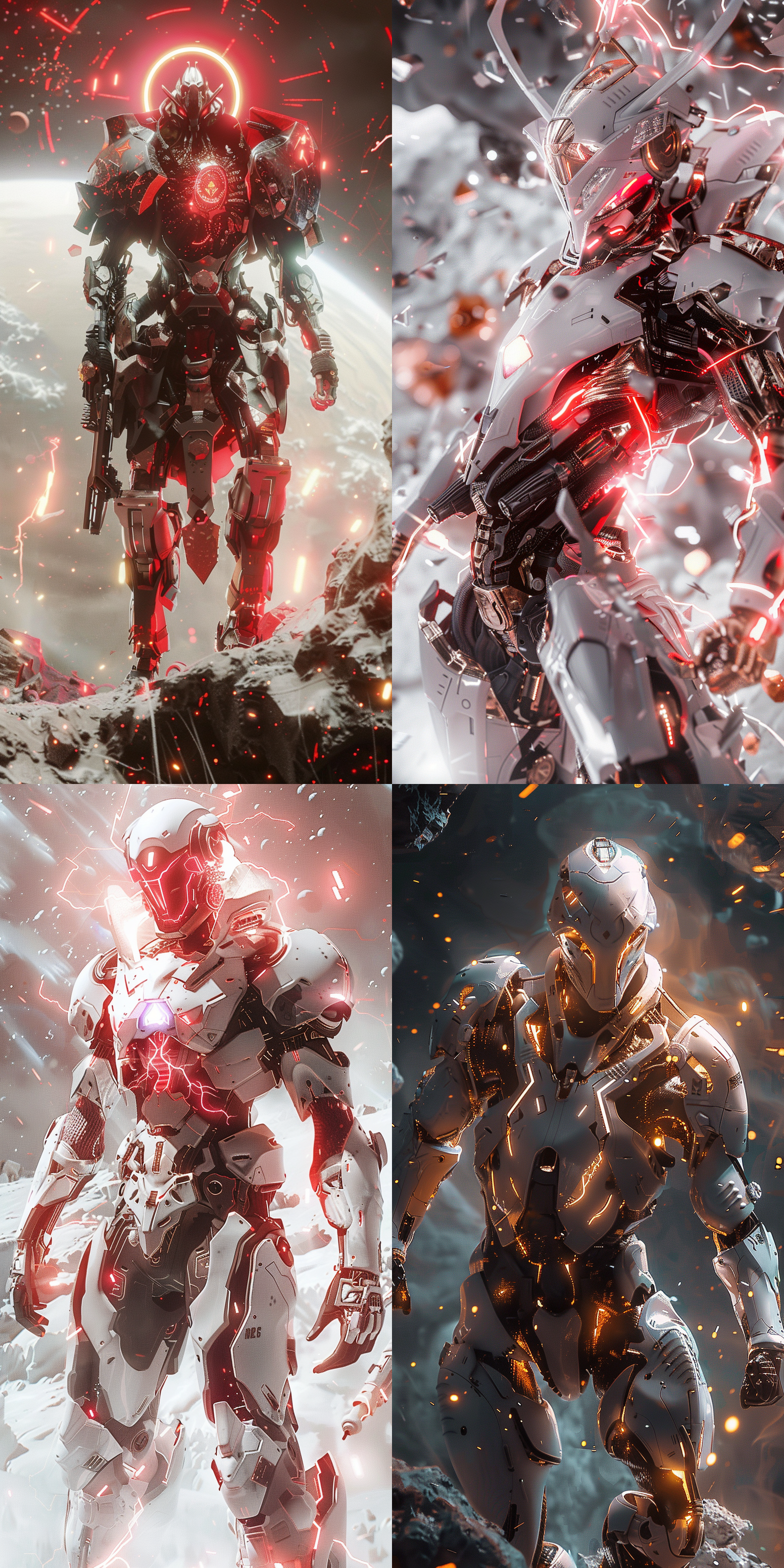 24k超清壁纸，机甲风，机甲战神，金牛星座幻化的机甲，神秘，发光，机甲，激战动作 虚幻引擎 未来主义 创风格 月球空间 全身 象牙白 白红 光粒子 轮廓光 虚幻引擎 未来主义 创风格 冰川 全身 白金 白红 明亮的 轮廓光