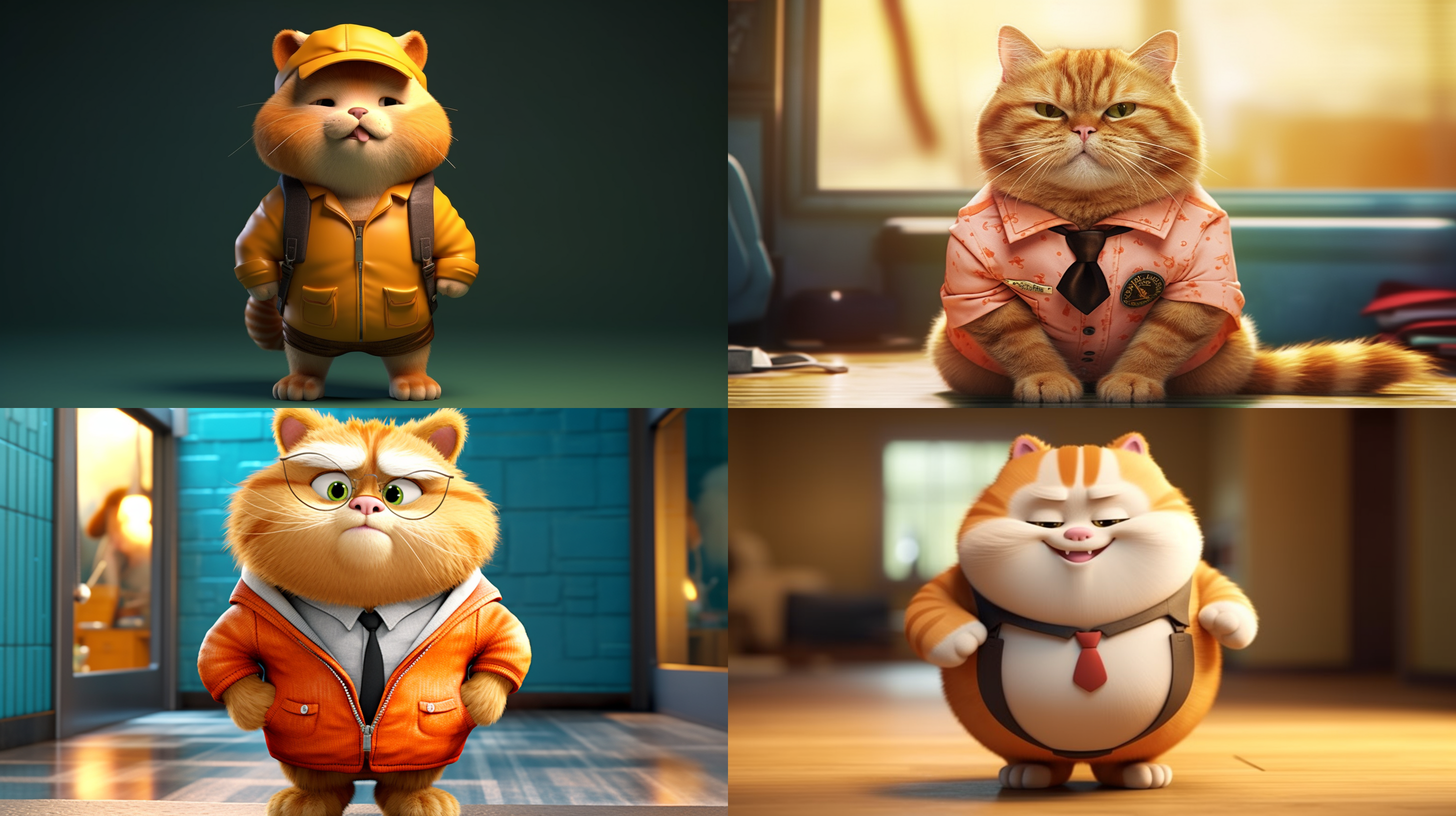 胖嘟嘟的橘猫，可爱憨憨，穿着工作服，漫画形象，3d效果，电影质感，室内环境，柔和侧光，温暖色调，特写镜头，温馨，惹人怜爱。