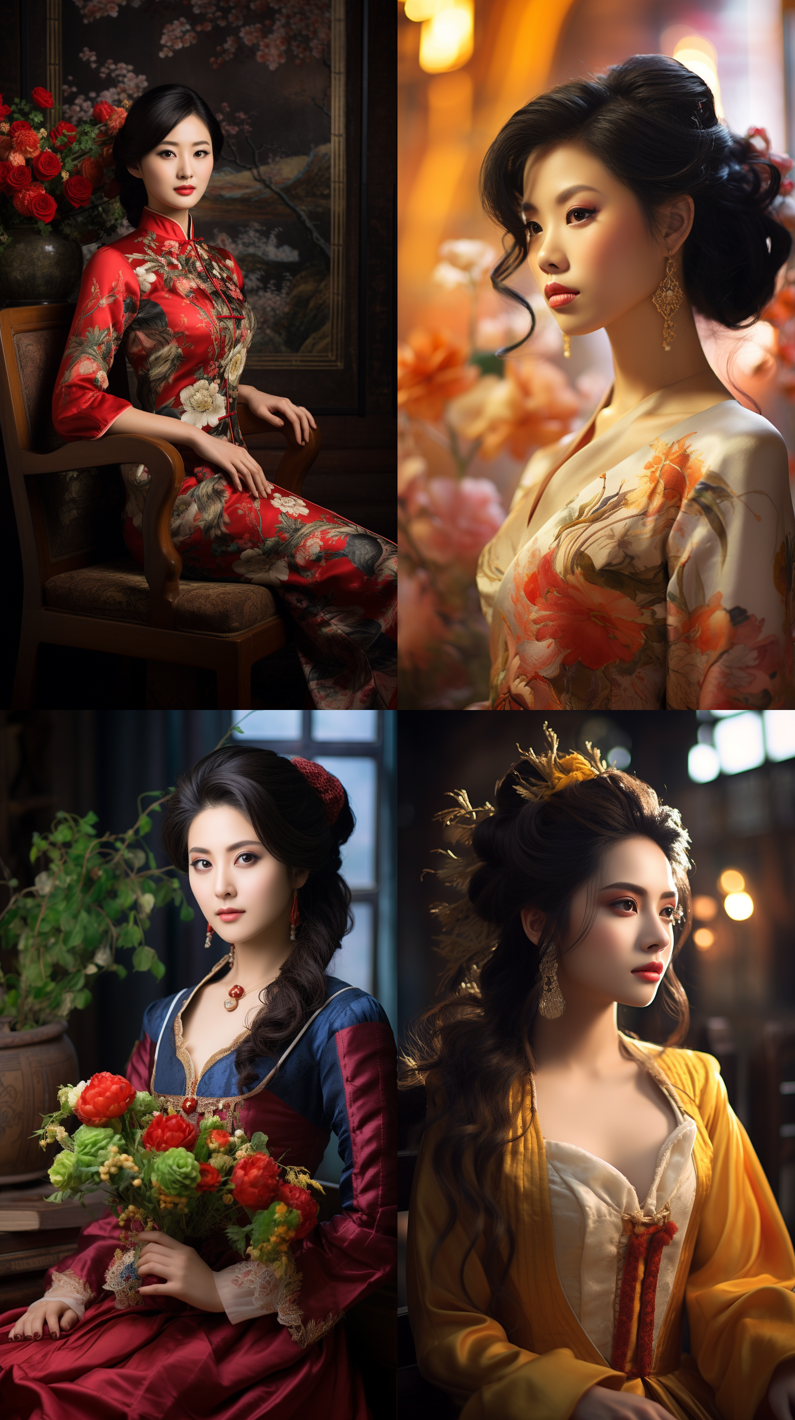 室内拍摄，明亮色调，中国模特穿着古典服装，侧面肖像，柔和光线，中焦镜头，端庄表情，优雅动作，传统元素，油画效果，温暖情感