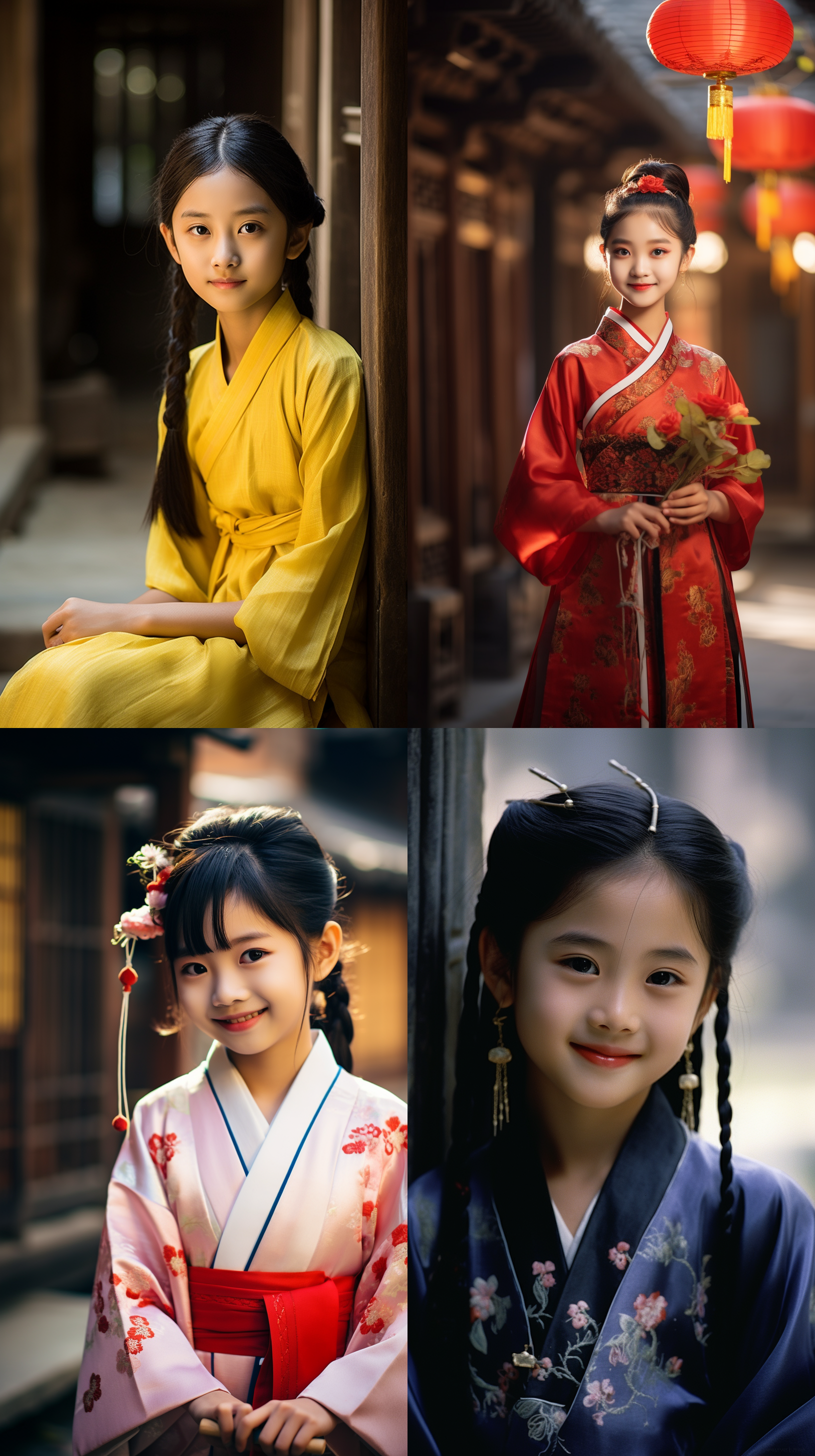 12岁中国少女，穿着传统汉服，端坐在古朴庭院中。肖像镜头捕捉到她明亮的眼神和微笑，凸显她的纯真与智慧。阳光洒在她的脸上，照亮了她的黑发和丝绸服饰。明亮色调，肖像镜头，明亮光线，汉服，庭院，纯真，智慧。