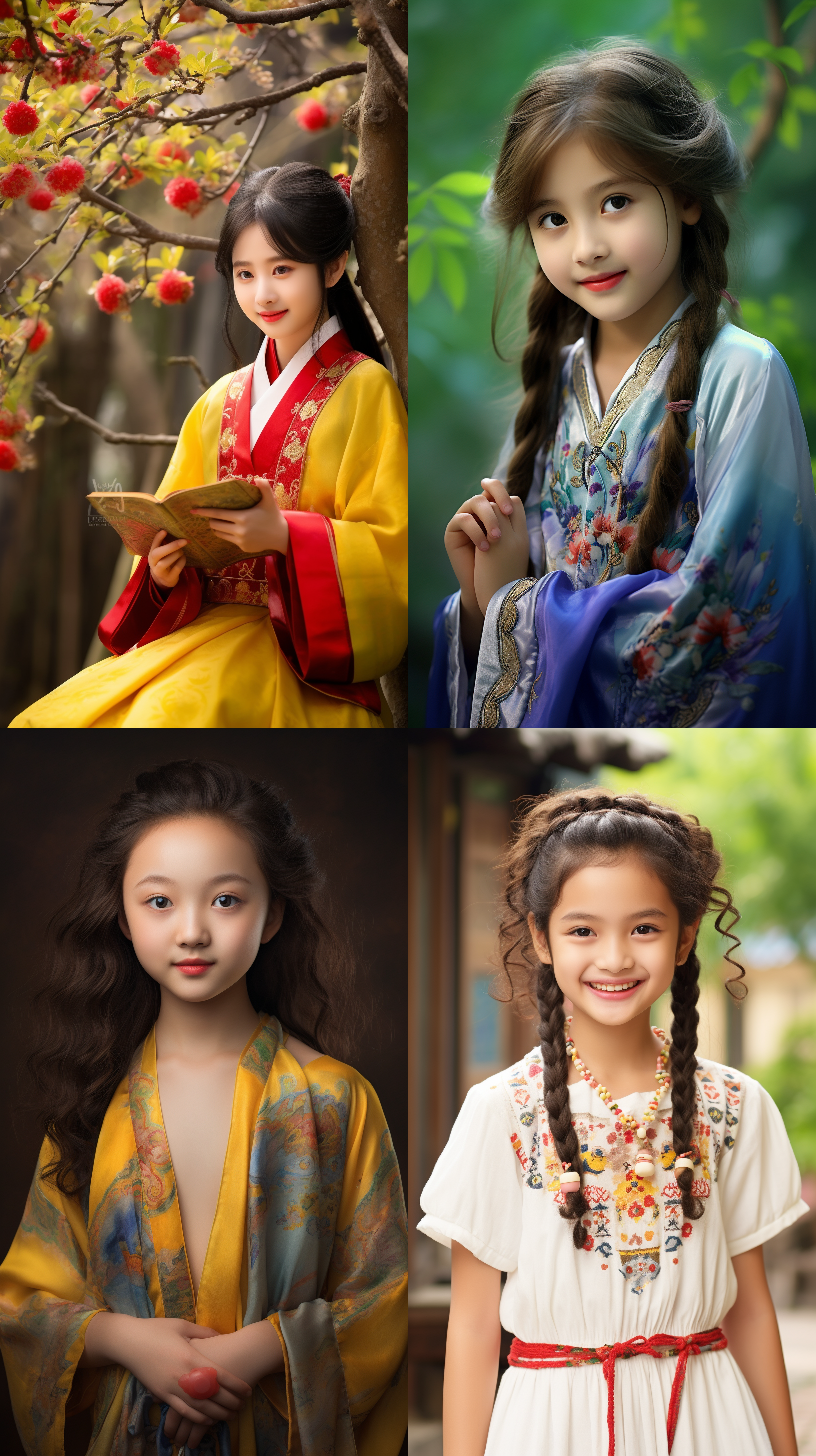 12岁中国少女，明亮色调，肖像镜头，明亮光线，自然风景，微笑，清晰焦距，中央构图，柔和色彩，温暖情感。