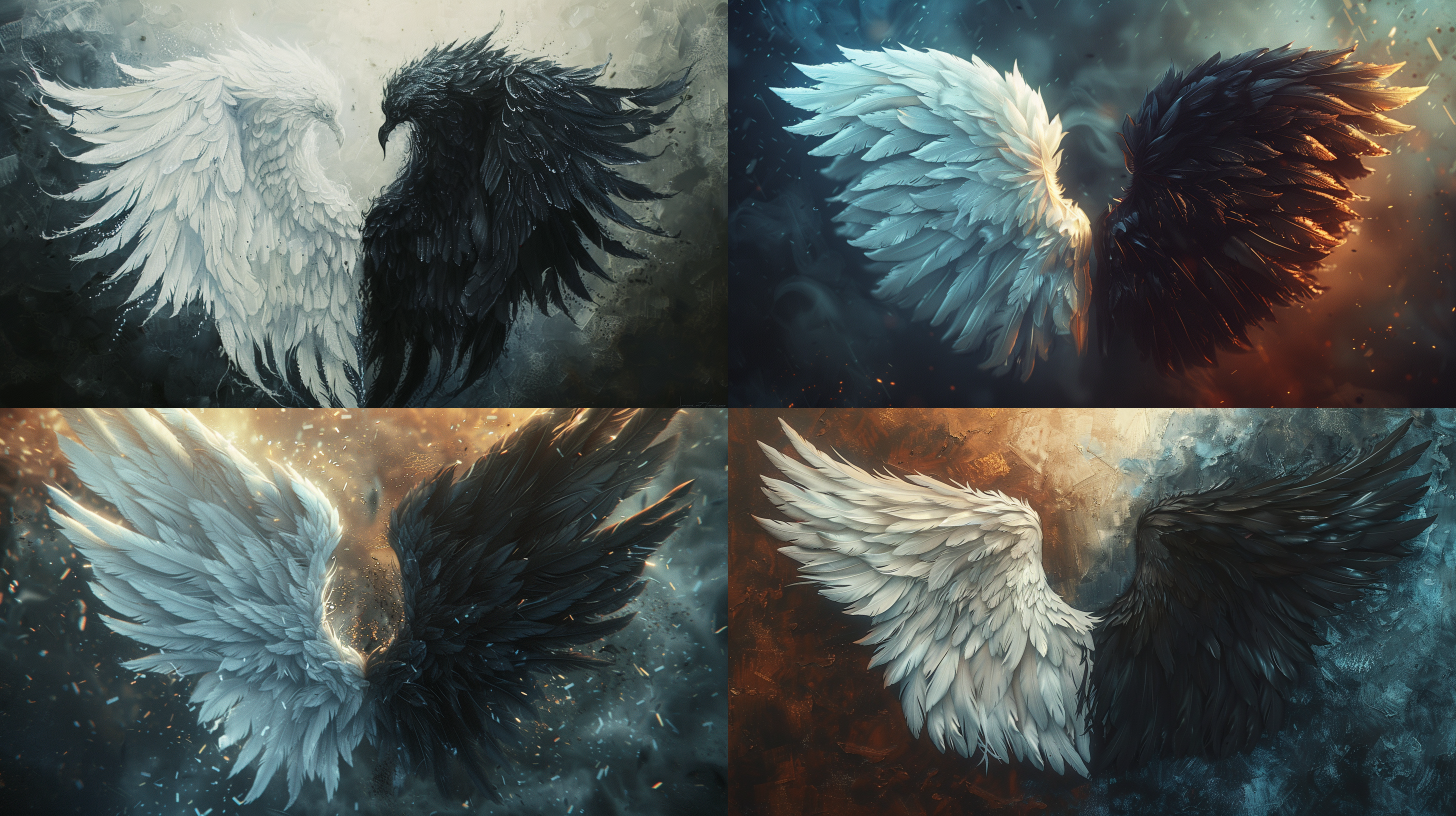imagine a pair of majestic wings, one shrouded in pure white feathers that seem to radiate light, the other side draped in deep black feathers that absorb all light, both sides intricately detailed with delicate veins and a shimmering iridescent sheen, set against a high-resolution, ethereal background that complements the contrast of the wings