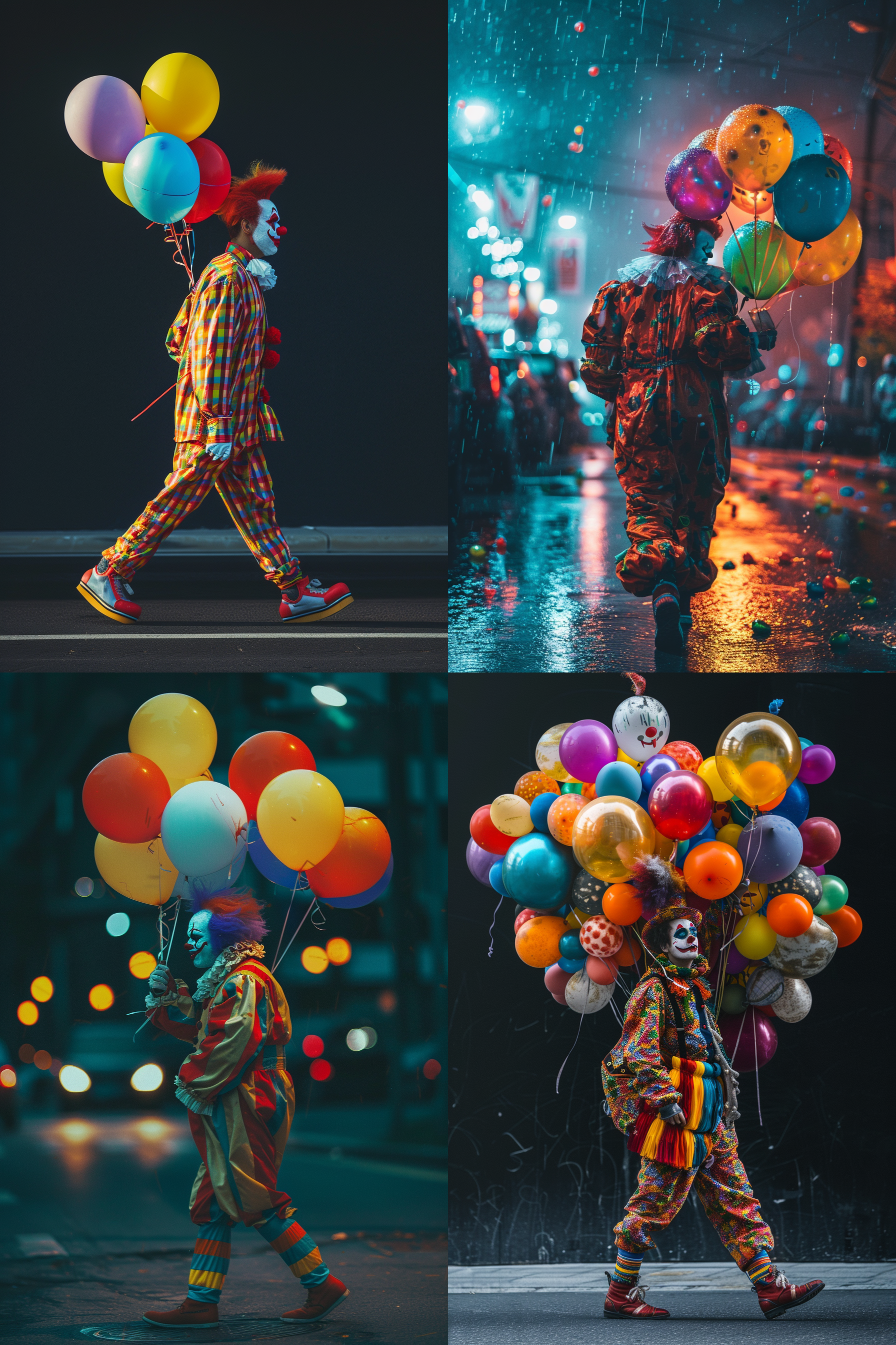 一个帅气的年轻演员小丑，在车水马龙的大马路上行走，侧景，手里拿着手持花洒，周围有几个五颜六色的气球装饰，整体氛围和谐温馨有情调，纯黑背景，柔和像素，8k超清 极简主义 摄影纪实 oc渲染器 未来主义 干净背景 卧室 极限特写 虚化 超广角 金属漆 氛围感照明 电影灯光 镜头光晕 斑驳光线 丁达尔效应 暖光 蒂默曼斯 北欧室内 华丽室内 平面摄影 约翰逊