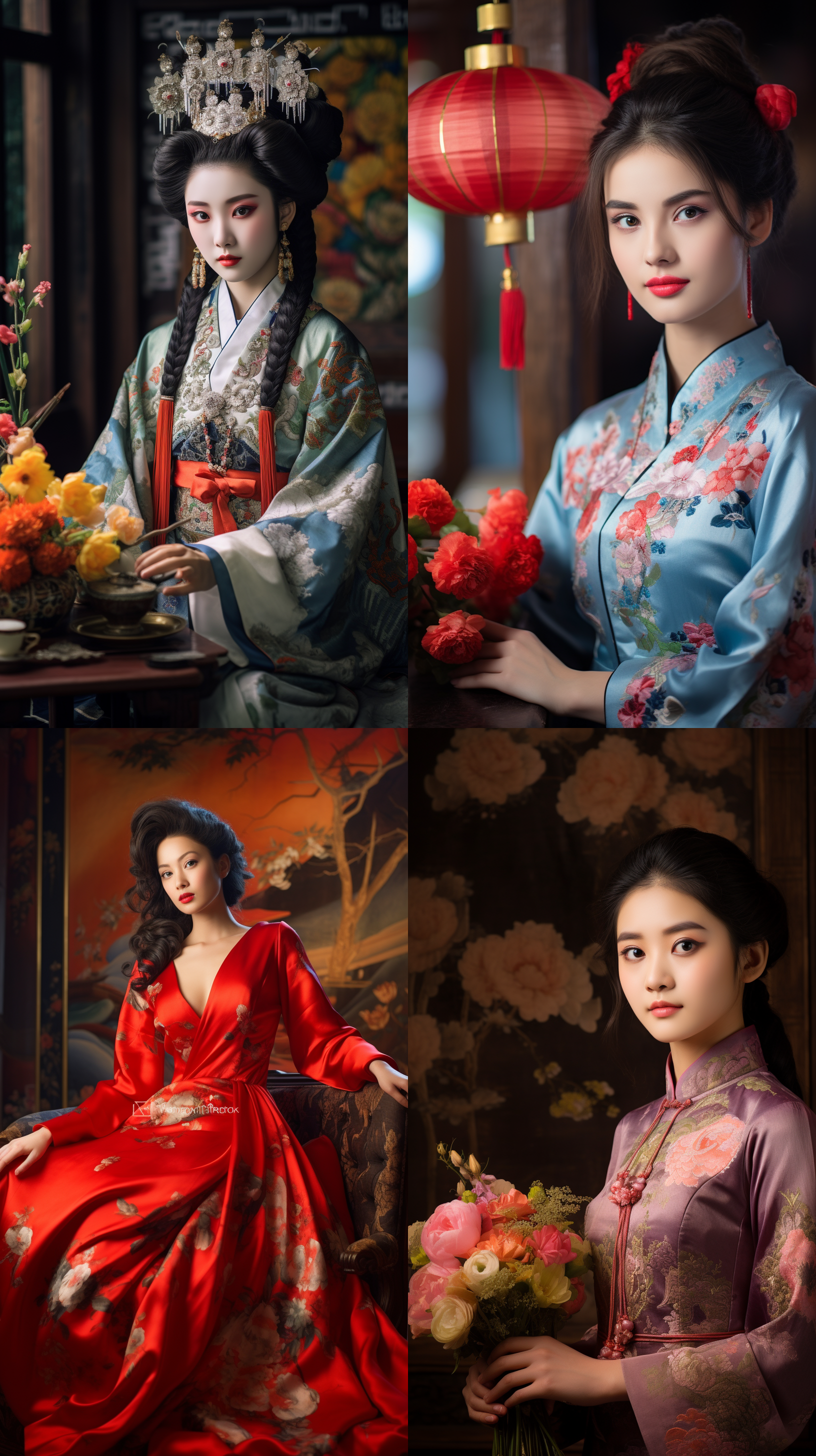 室内拍摄，明亮色调，中国模特穿着古典服装，侧面肖像，柔和光线，中焦镜头，端庄表情，优雅动作，传统元素，油画效果，温暖情感