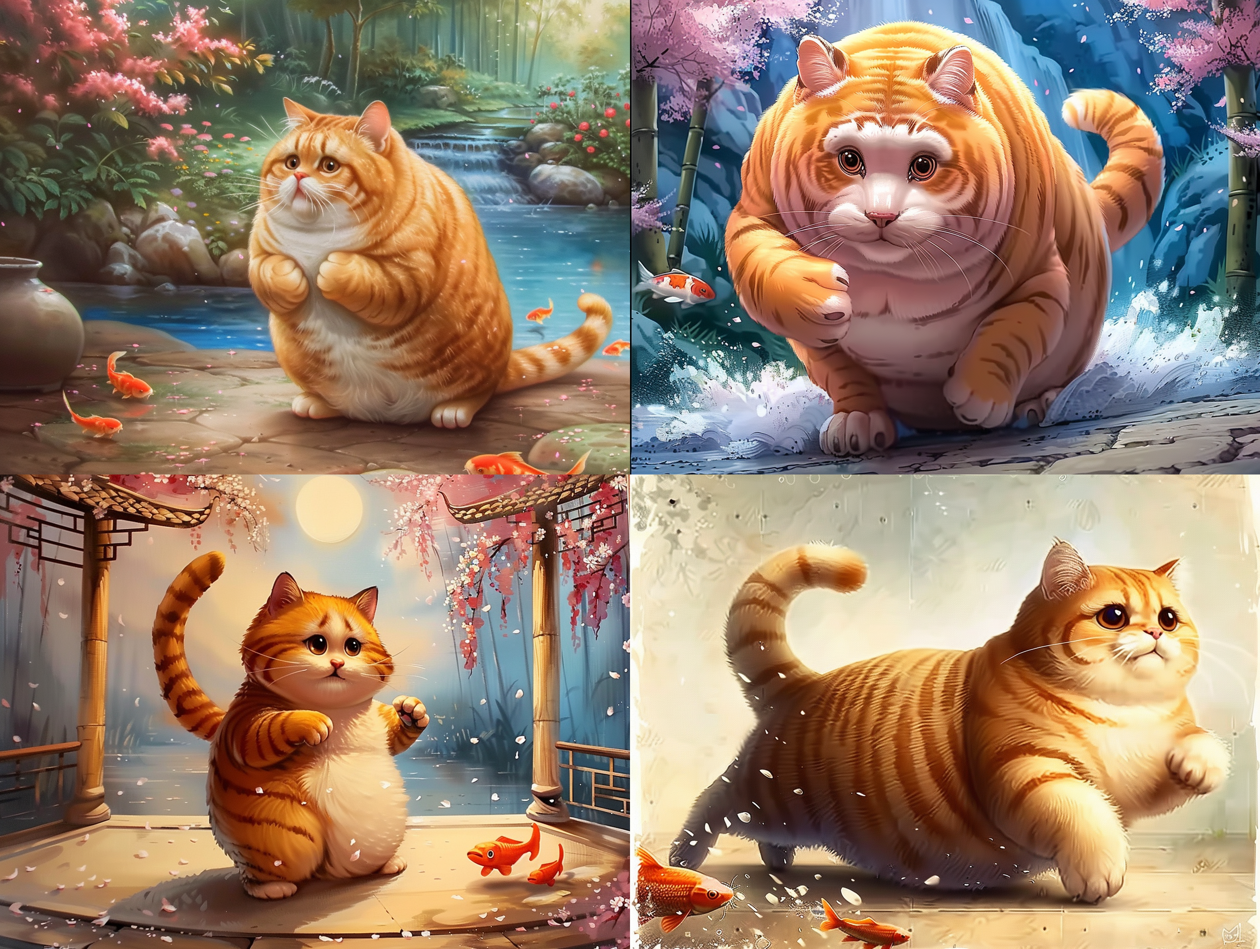橙色虎斑猫在中国传统园林中练习武术，优雅动作，专注，氛围充满活力，决心与宁静融合，水彩画风格，古代智慧与优雅精髓，樱花树，竹结构，锦鲤池，柔和色调，细节表现，动态光影，神秘情感。